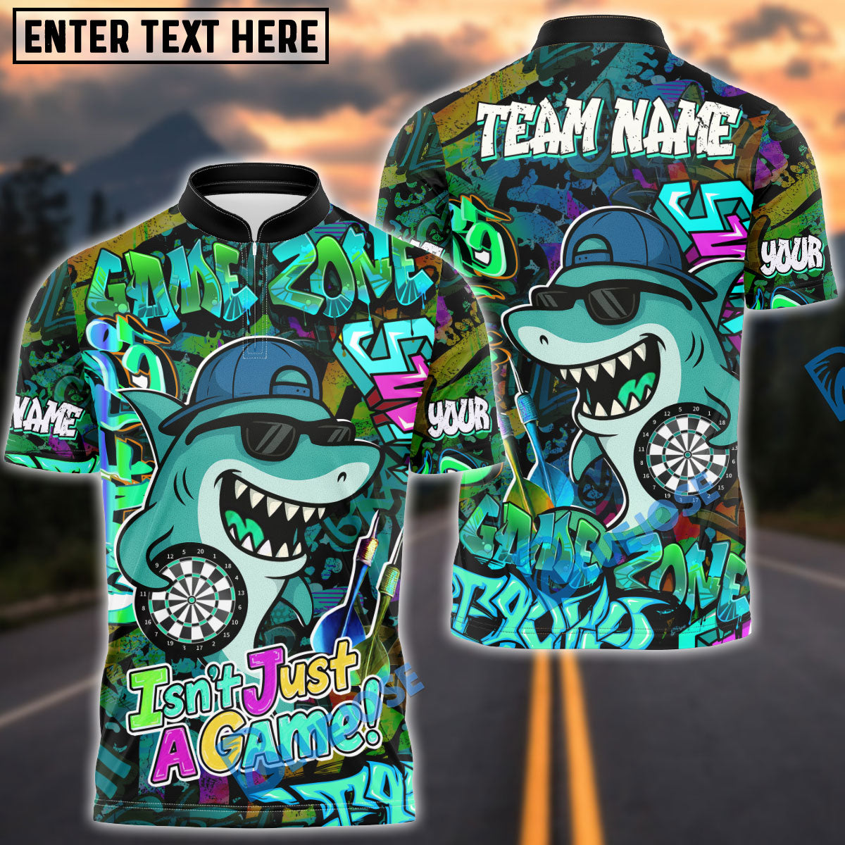 BlueJose Darts Cool Shark Graffiti Style Multicolor Options Personalized Name Shirt (4 Colors)