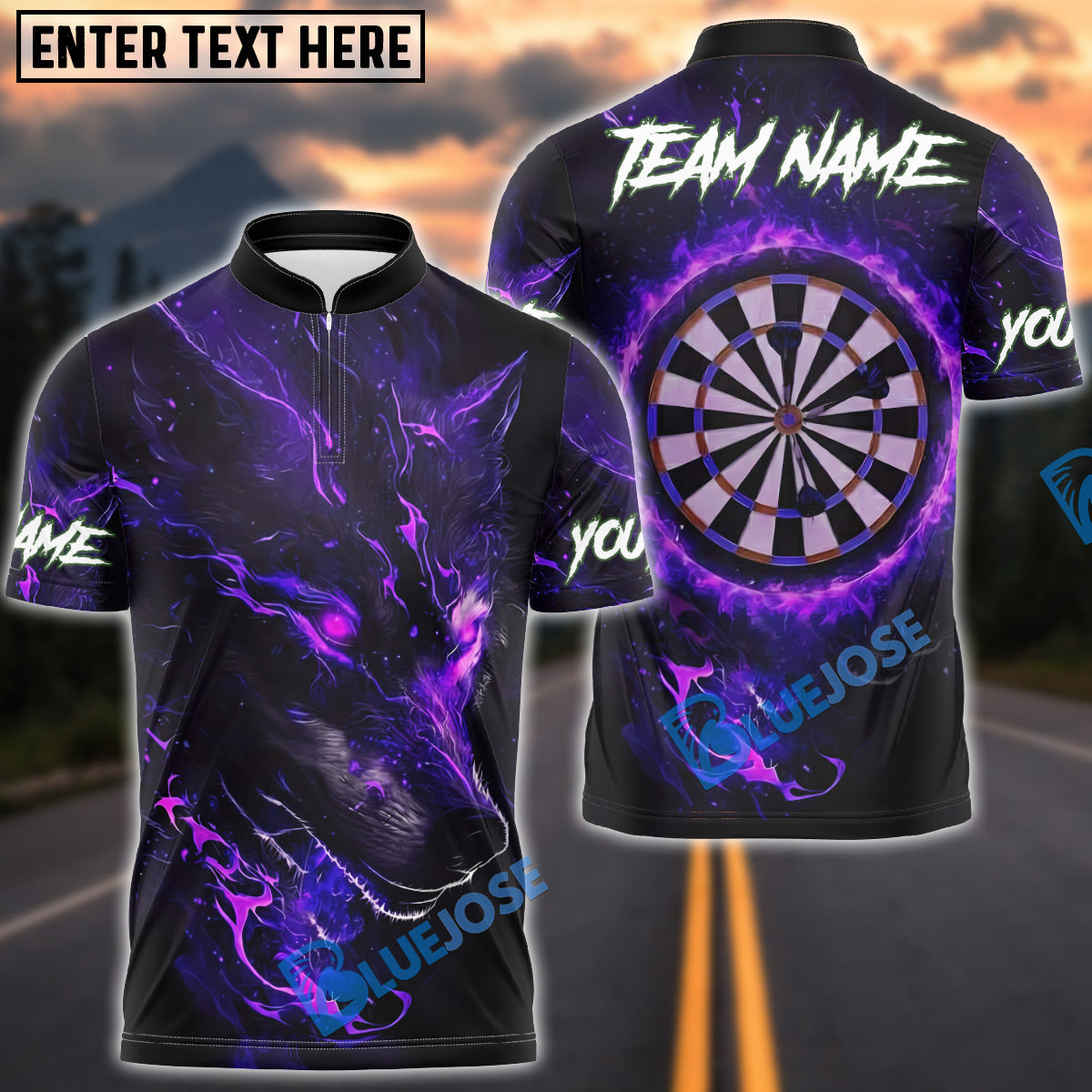 BlueJose Darts Wolf Head Fire Eye Dartboard Personalized Name, Team Name Unisex Shirt (4 Colors)