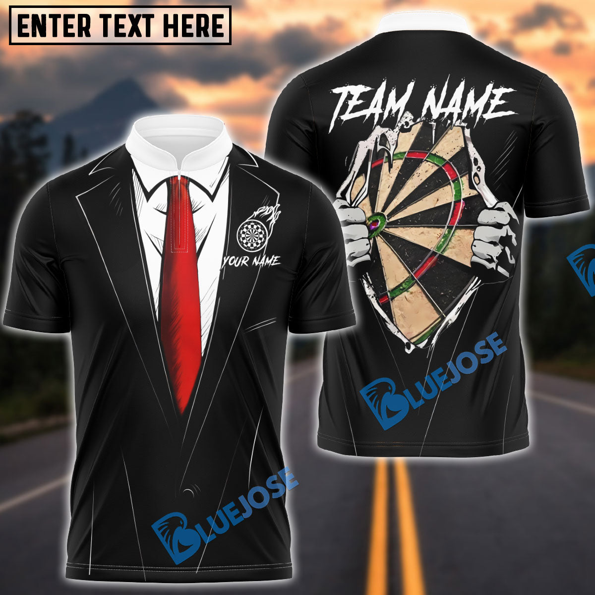 BlueJose Darts Tuxedo Style Hidden Dartboard Customized Name, Team Name 3D Shirt (4 Colors)