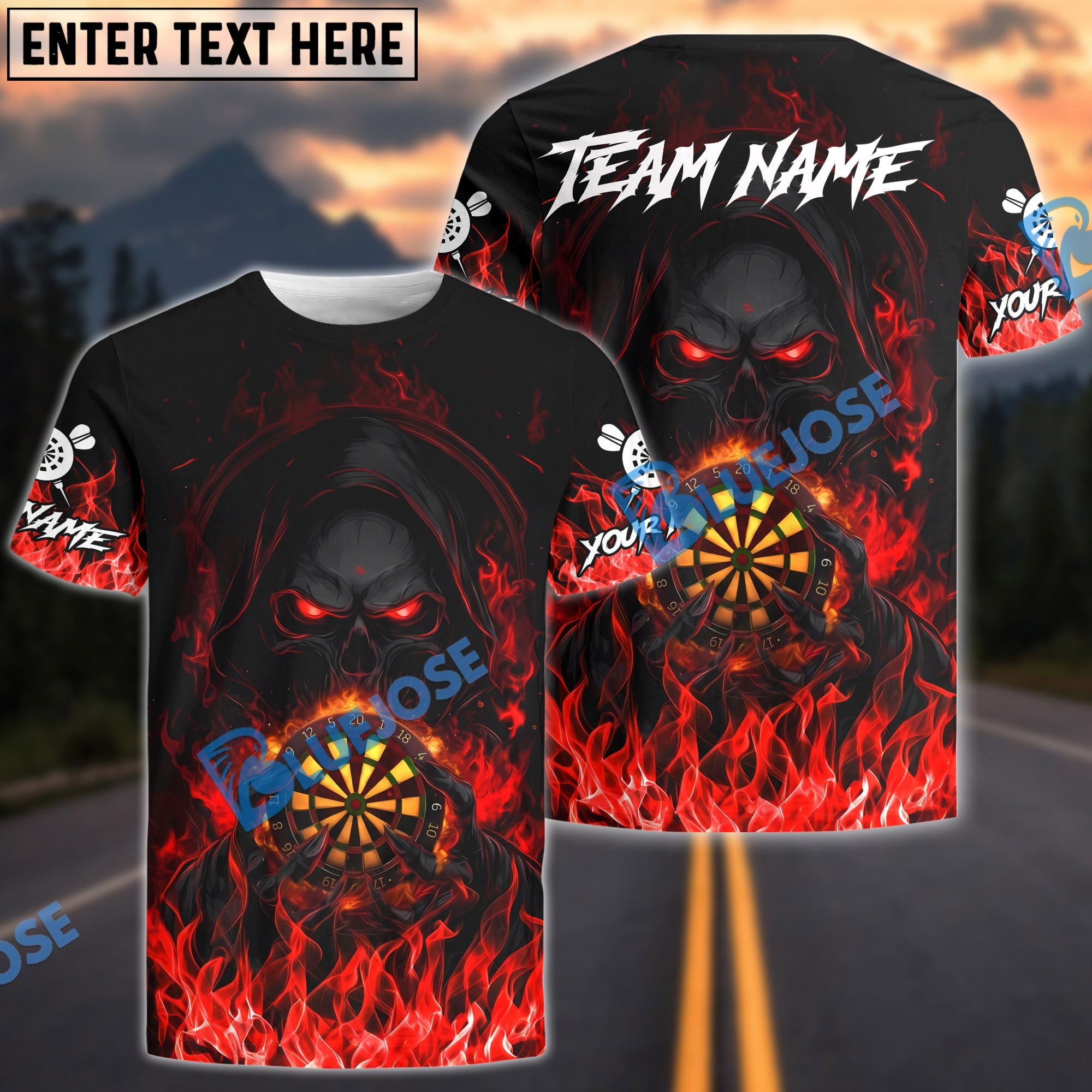 BlueJose Darts Flaming Skull Dark Fire Style Multicolor Options Personalized Name Shirt (4 Colors)