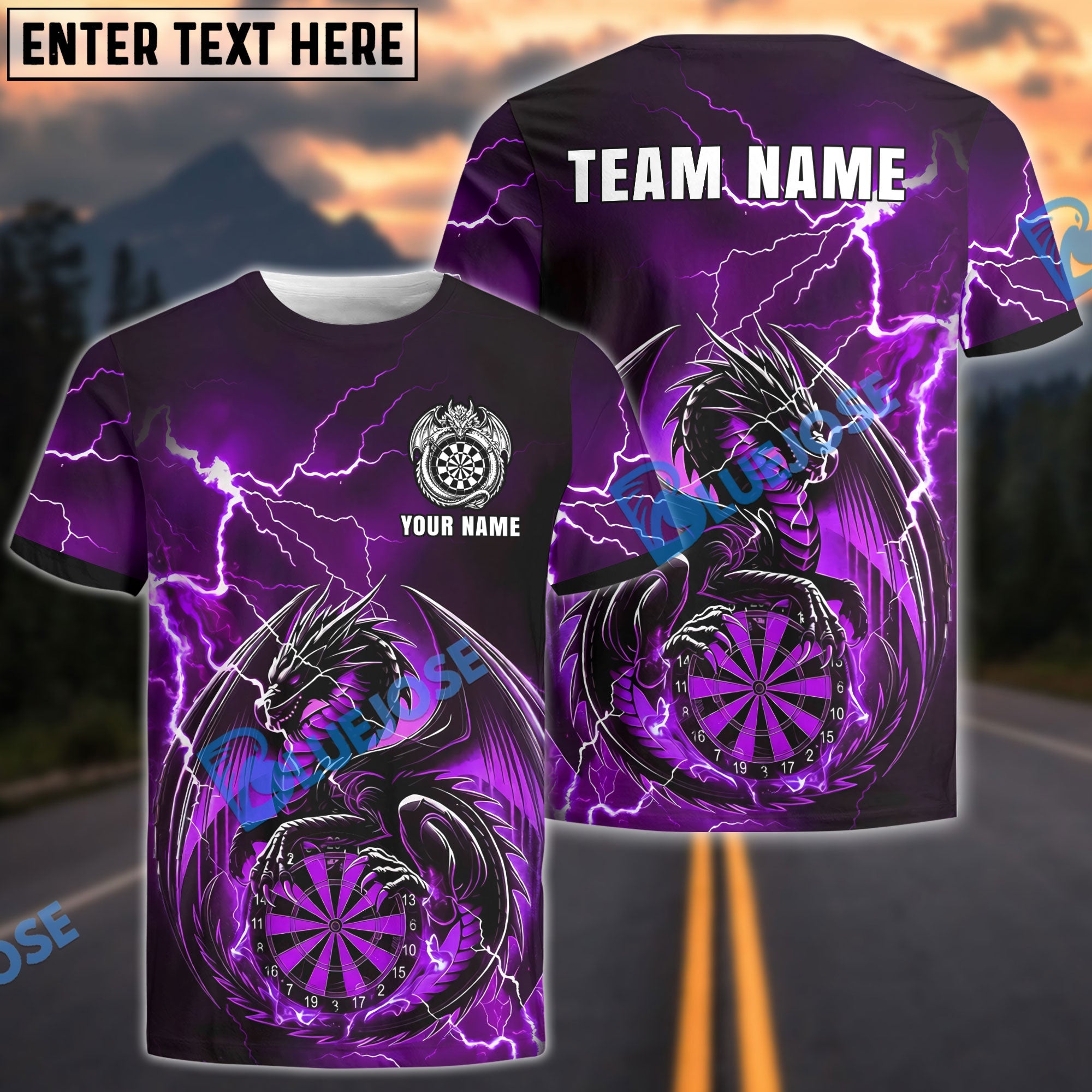 BlueJose Darts Thunder Dragon Sit On Dartboard Personalized Name, Team Name Unisex Shirt (4 Colors)