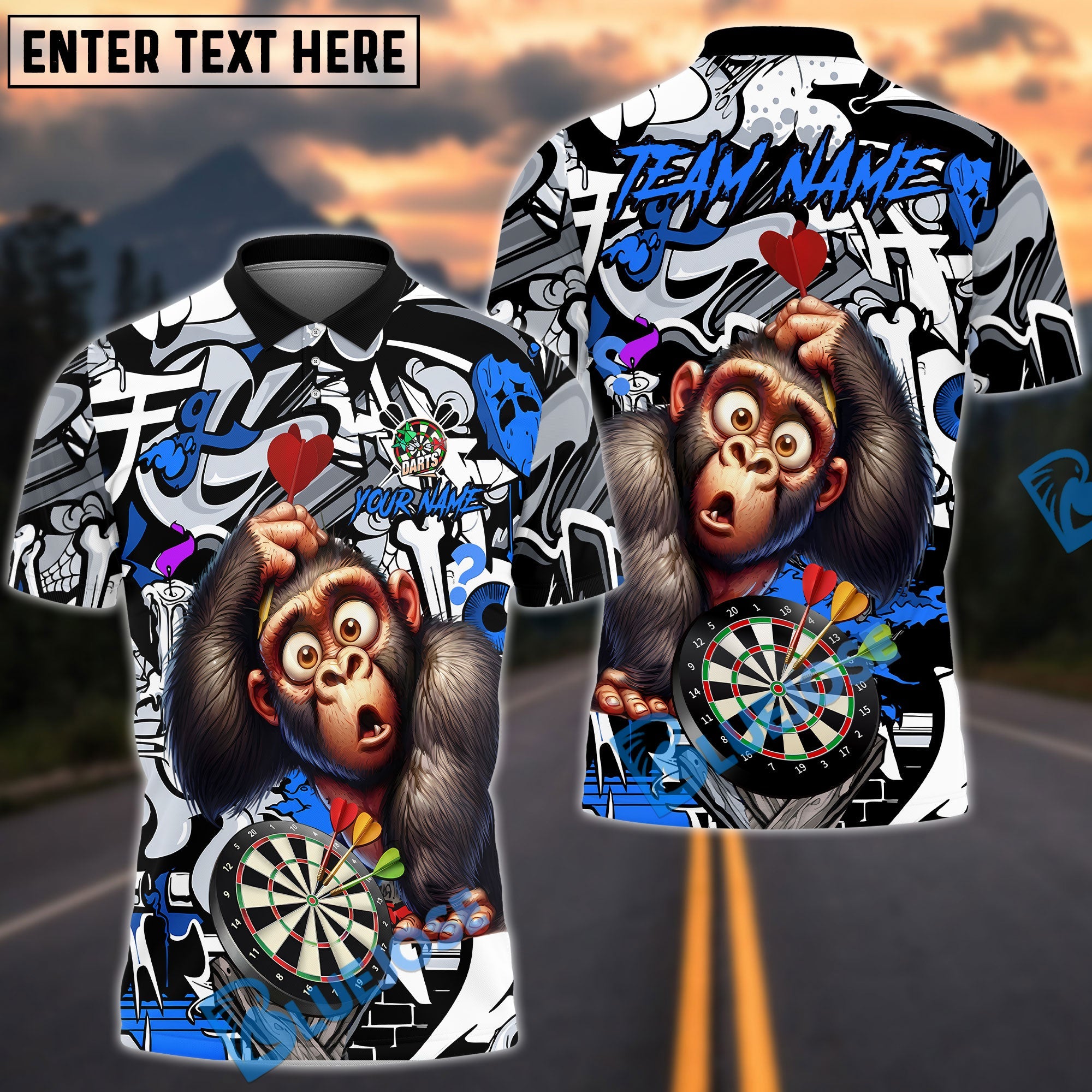 BlueJose Darts Monkey Graffiti Personalized Name, Team Name Unisex Shirt (4 Colors)