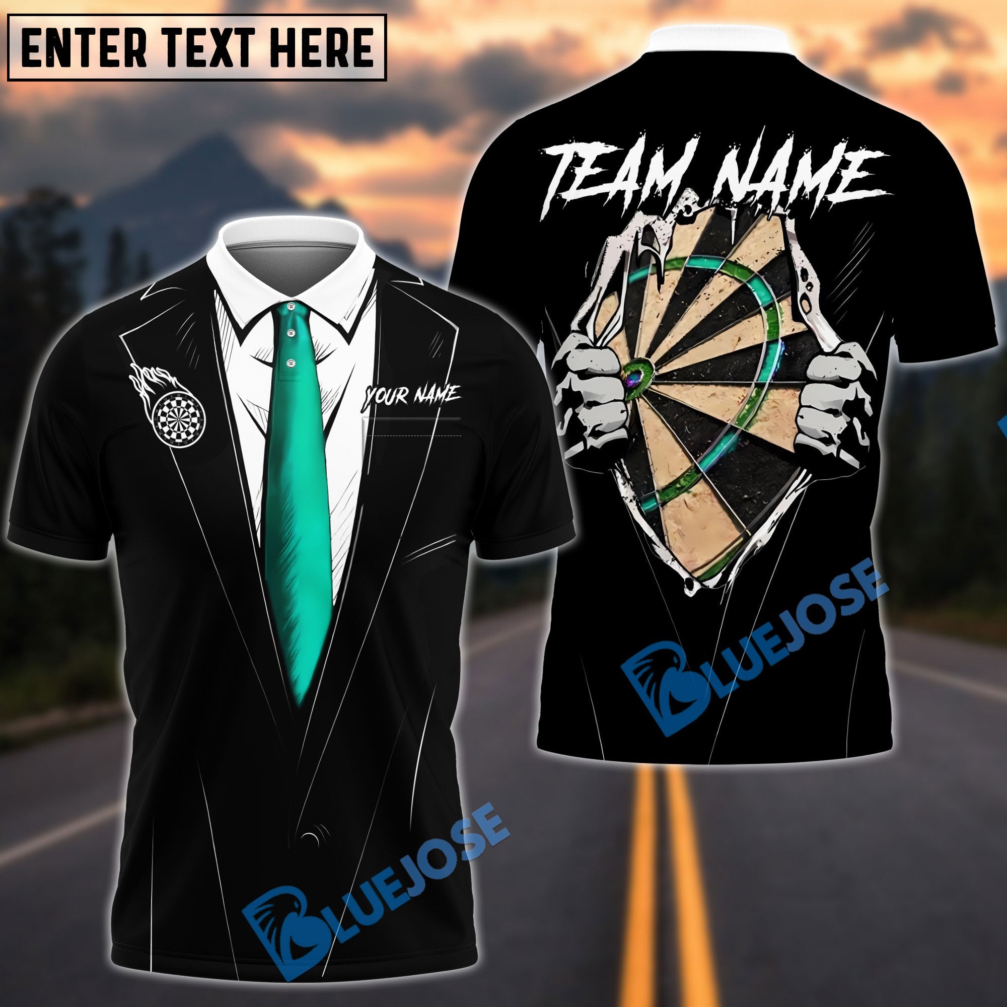 BlueJose Darts Tuxedo Style Hidden Dartboard Customized Name, Team Name 3D Shirt (4 Colors)