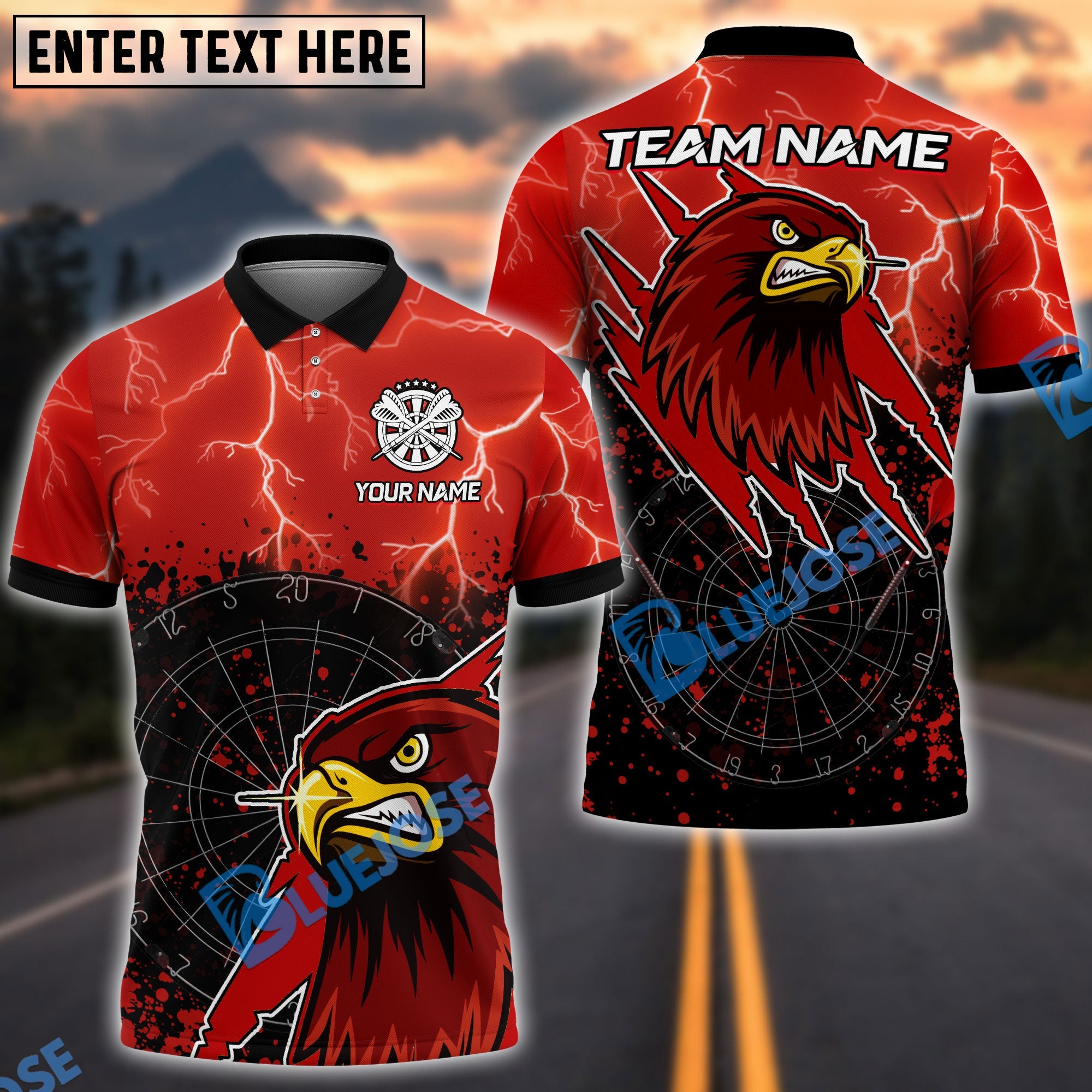 BlueJose Darts Dartboard Hawk With Lightning Personalized Name, Team Name Shirt (4 Colors)