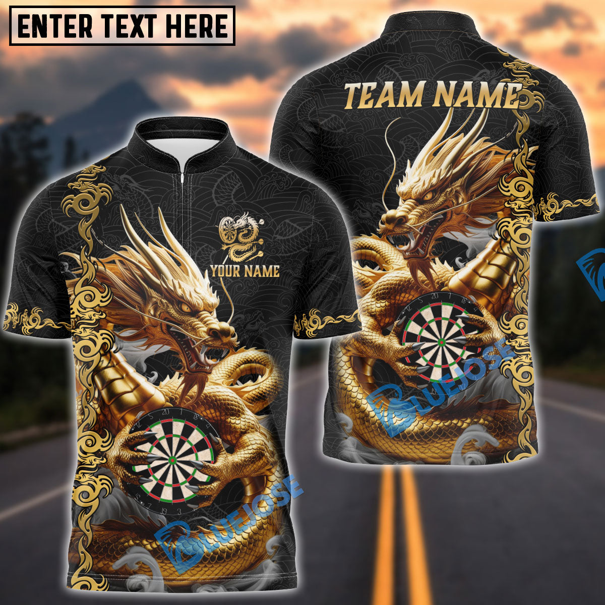 BlueJose Darts Dragon Golden Attire Personalized Name, Team Name Shirt (4 Colors)