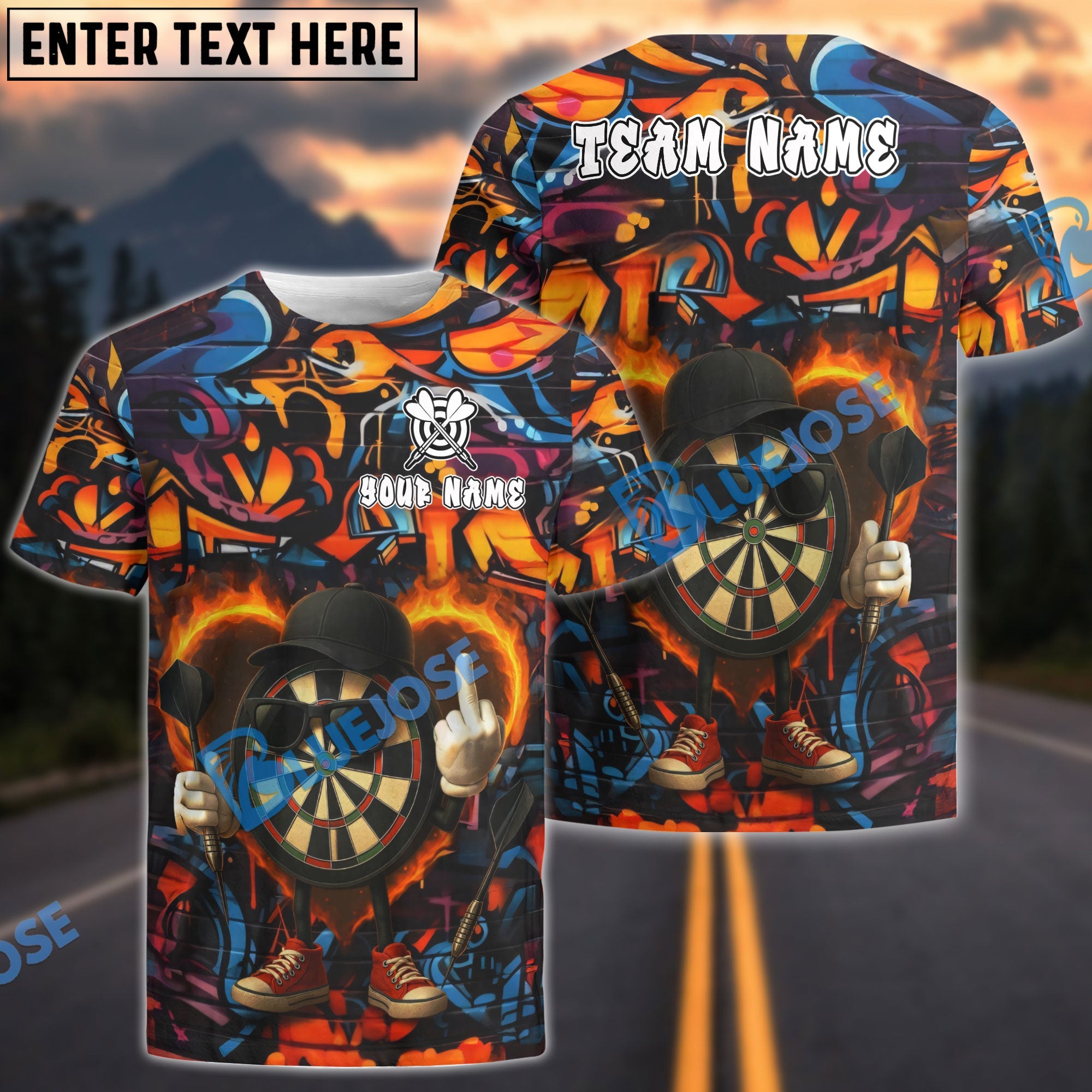 BlueJose Darts Flaming Dartboard Attitude Graffiti Pattern Personalized Shirt (4 Colors)