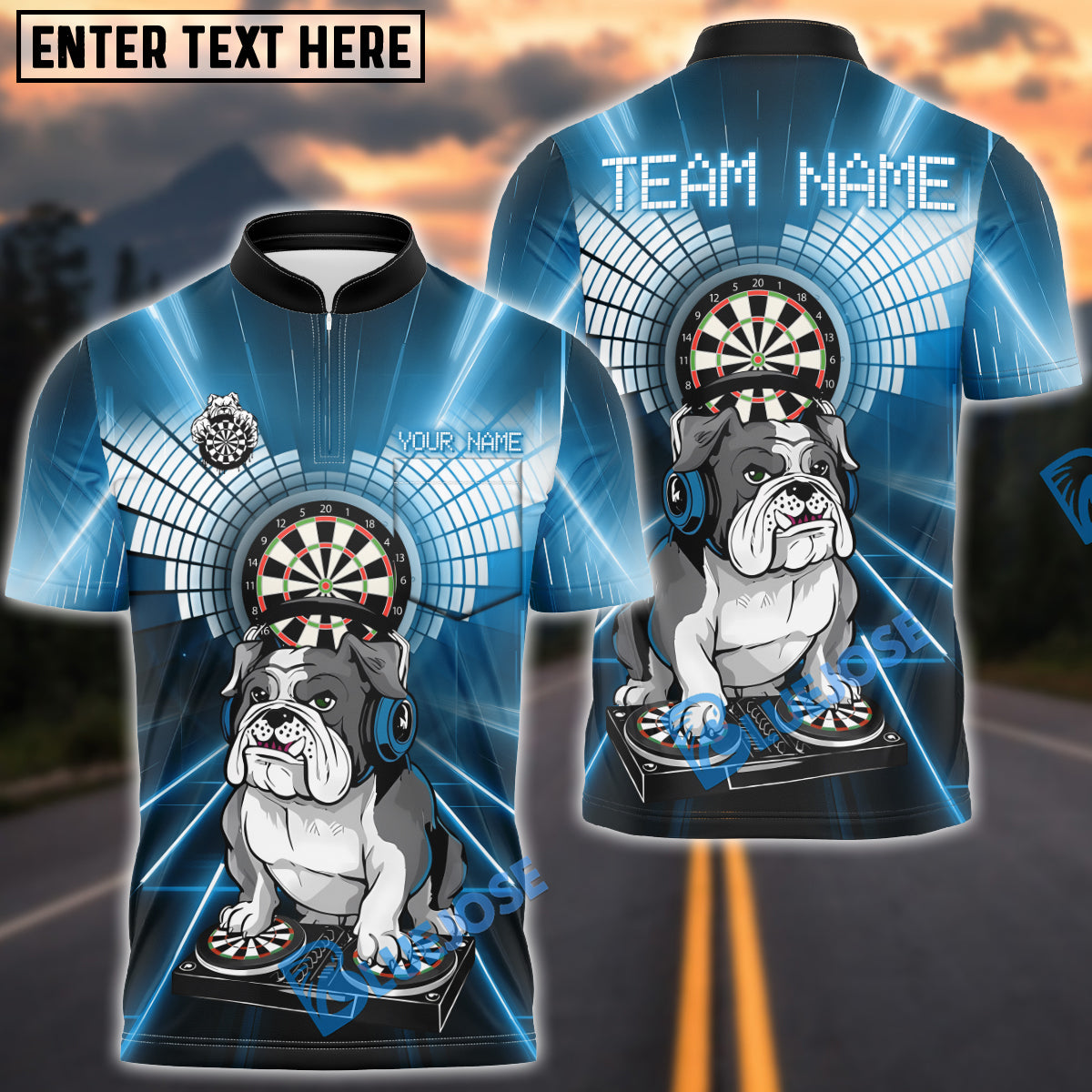 BlueJose Darts DJ Bulldog Multicolor Options Personalized Name Shirt (4 Colors)