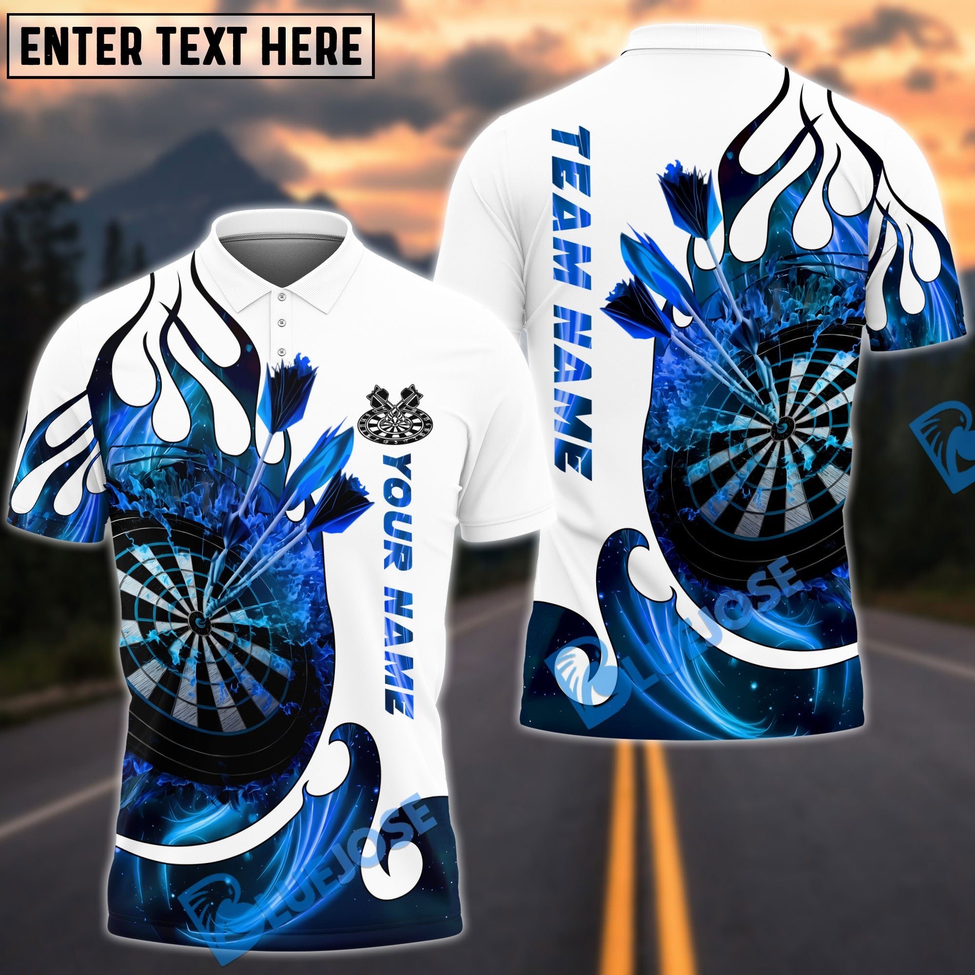 BlueJose Darts White Fire Dartboard Customized Name, Team Name 3D Shirt (4 Colors)