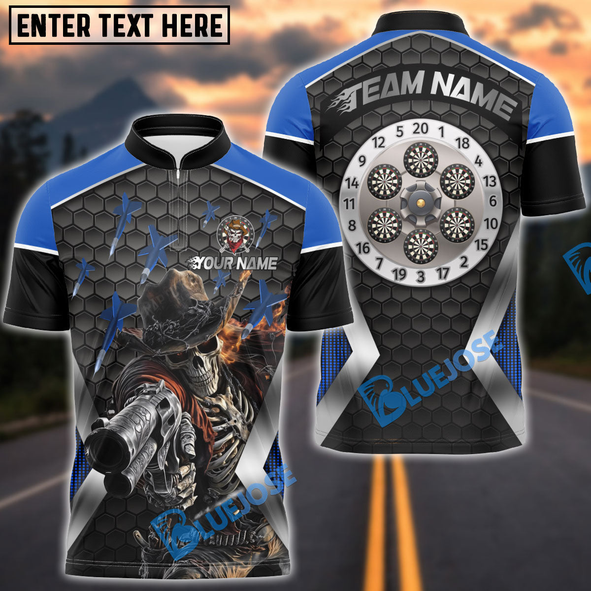 BlueJose Darts Skull Cowboy Personalized Name, Team Name Shirt (4 Colors)