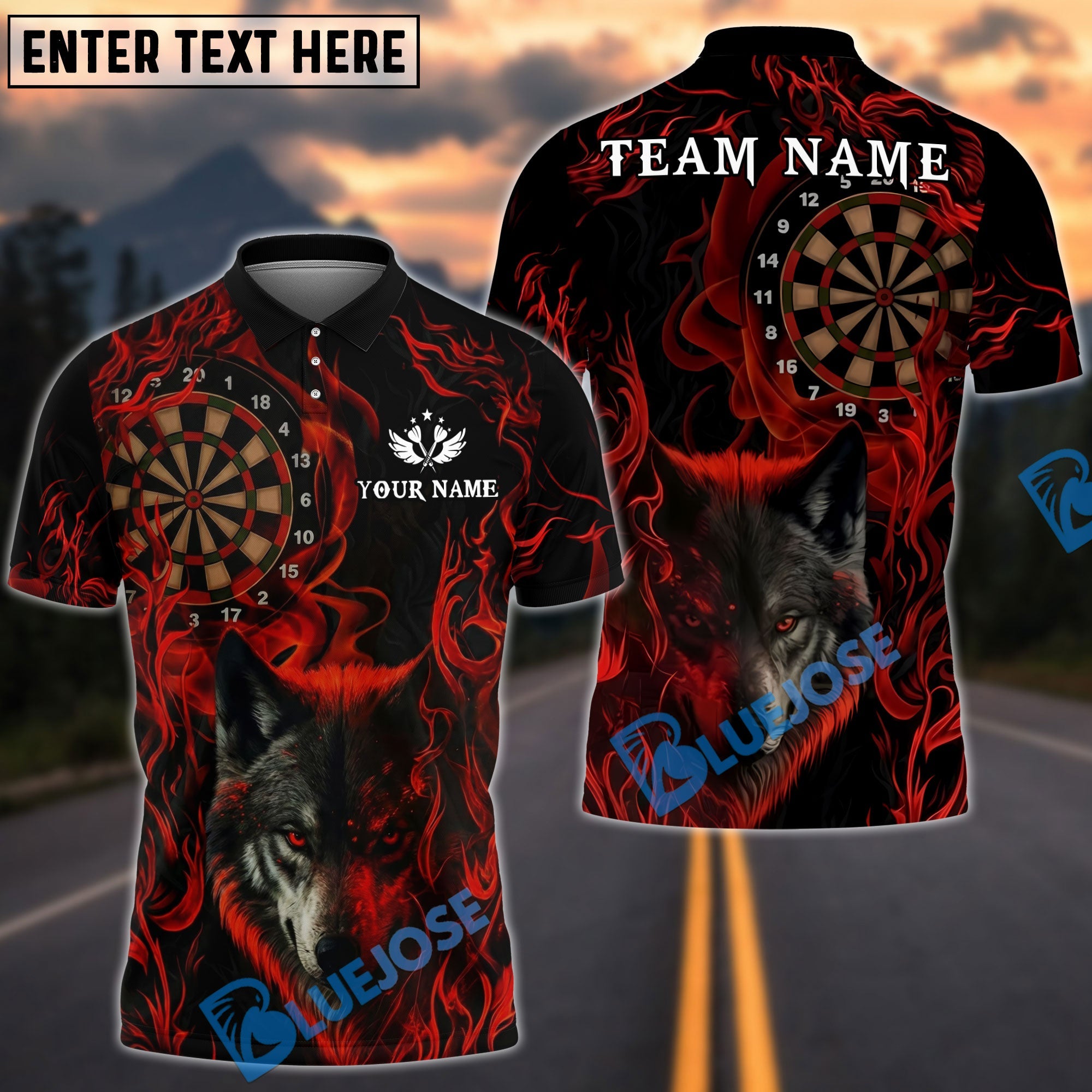BlueJose Darts Wolf Flame Smoke Customized Name, Team Name 3D Shirt (4 Colors)