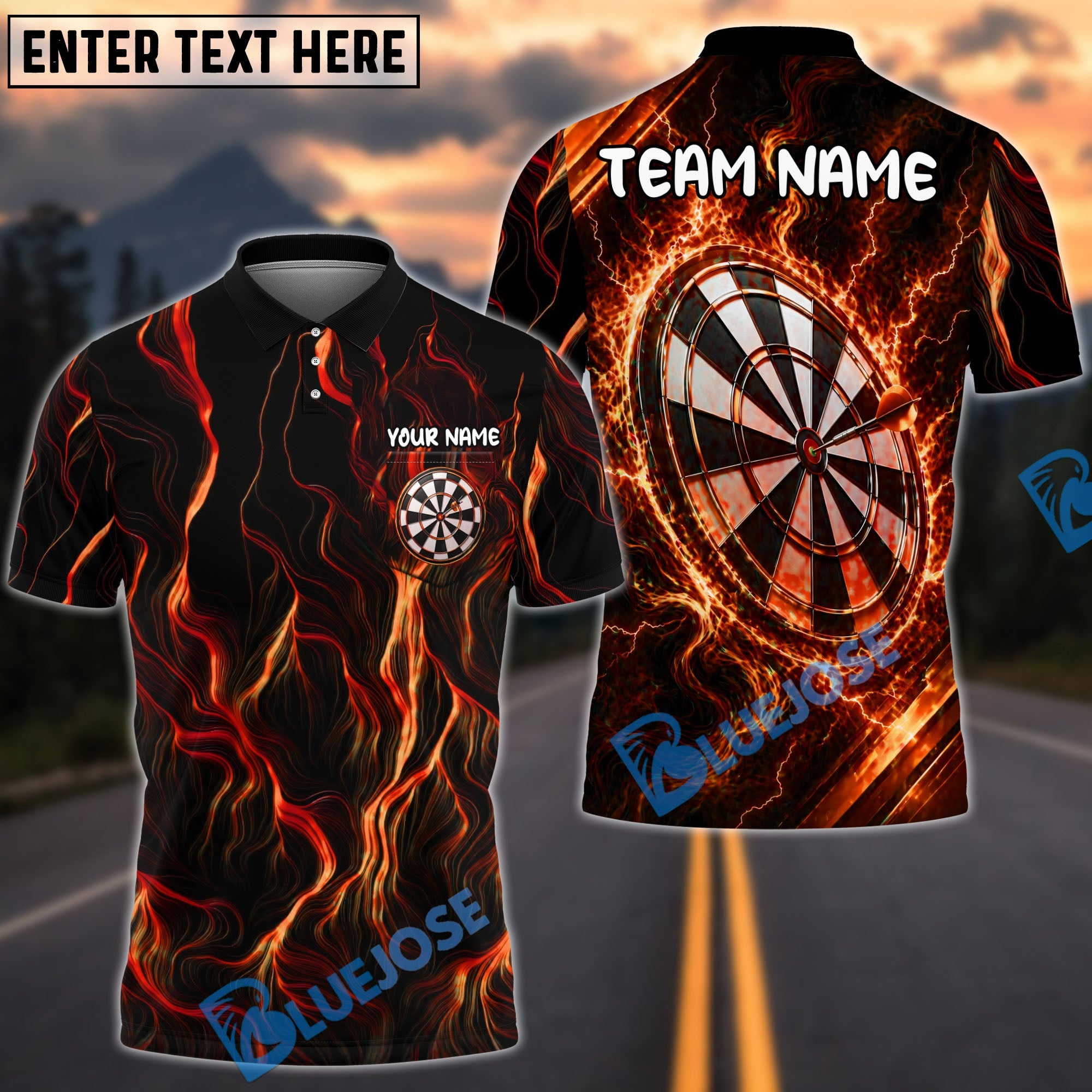 BlueJose Darts Neon Energy Lightning Swirl Personalized Name, Team Name Unisex Shirt (4 Colors)