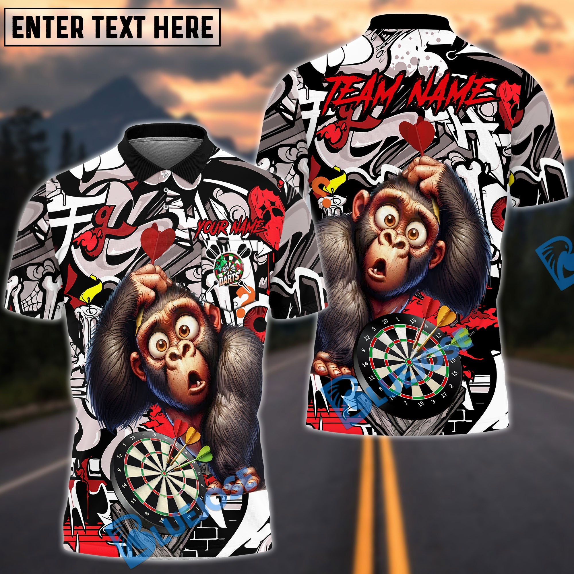 BlueJose Darts Monkey Graffiti Personalized Name, Team Name Unisex Shirt (4 Colors)