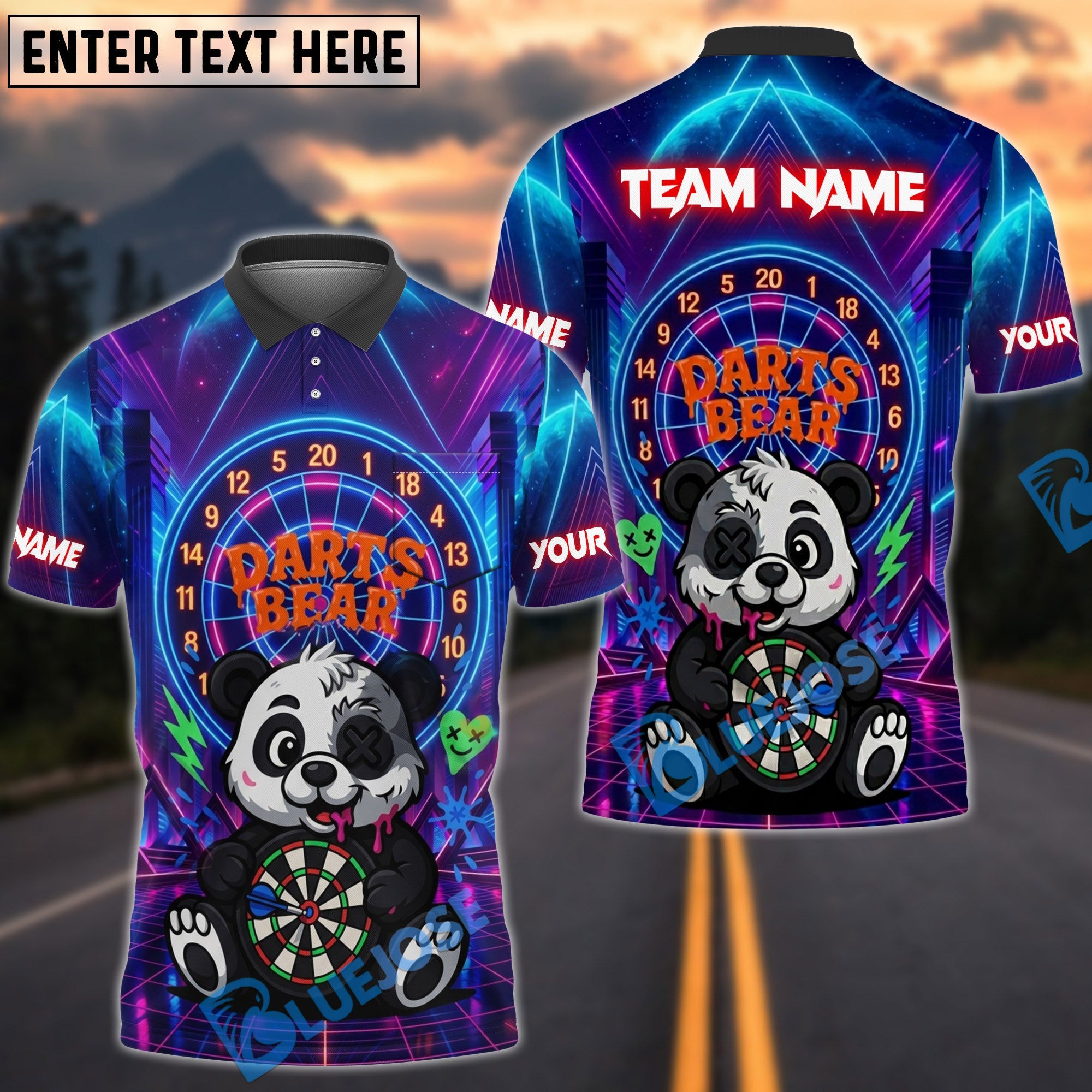 BlueJose Darts Neon Bear Personalized Name, Team Name Shirt