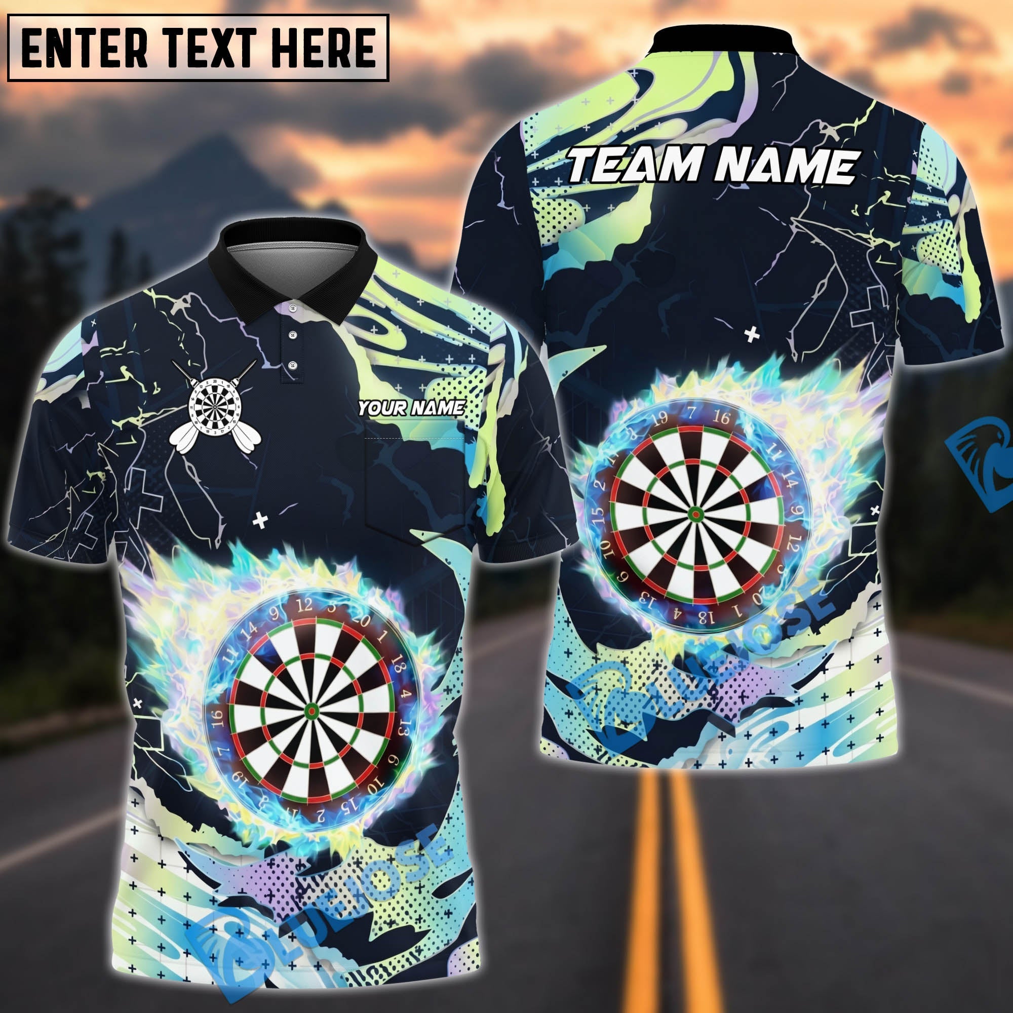 BlueJose Darts Flaming Board Heat Effect Multicolor Options Personalized Name Shirt (4 Colors)
