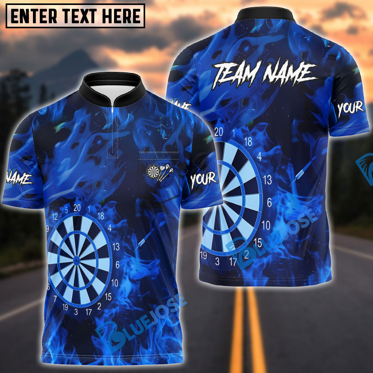 BlueJose Darts Aqua Flame Board Style Multicolor Options Personalized Name Shirt (4 Colors)