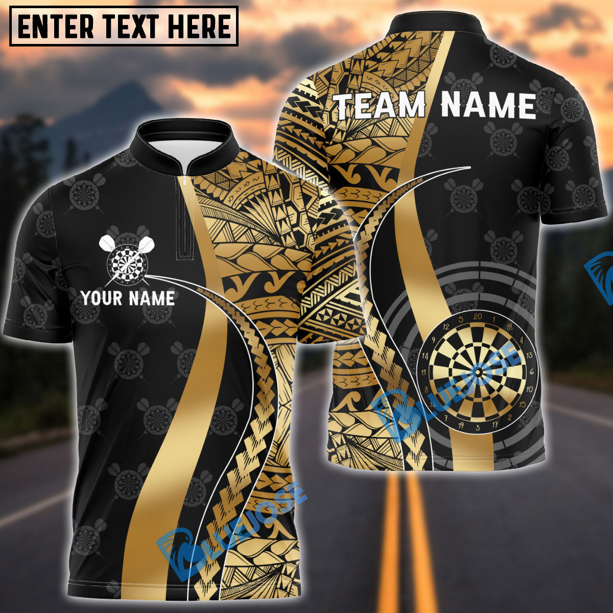 BlueJose Darts Golden Tribal Personalized Name, Team Name Shirt (4 Colors)
