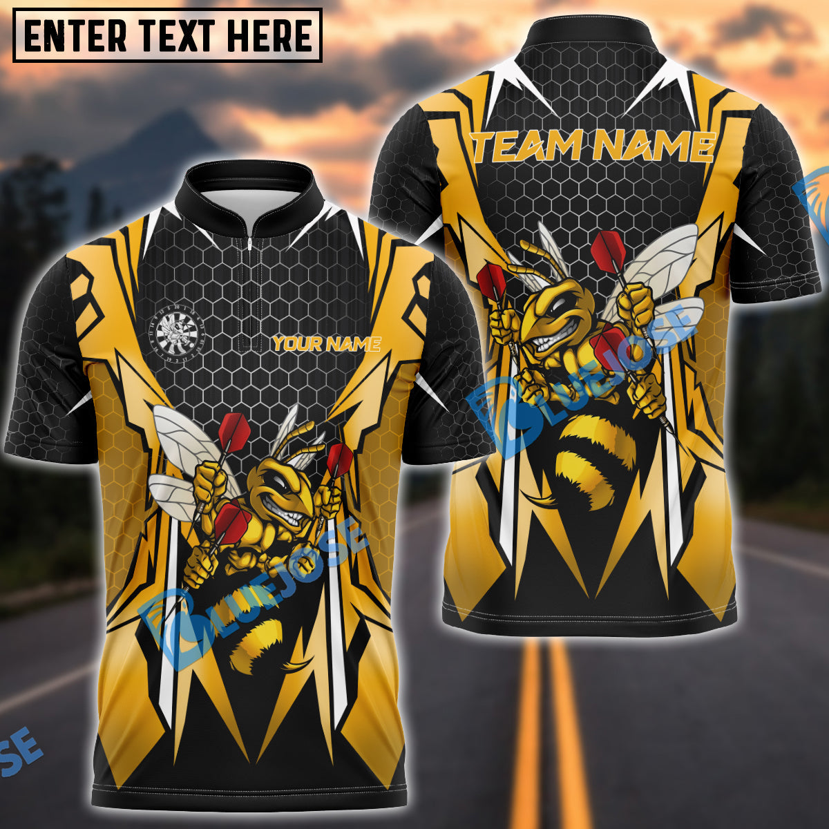 BlueJose Darts Hornet Honeycomb Bee Customized Name, Team Name 3D Shirt (4 Colors)