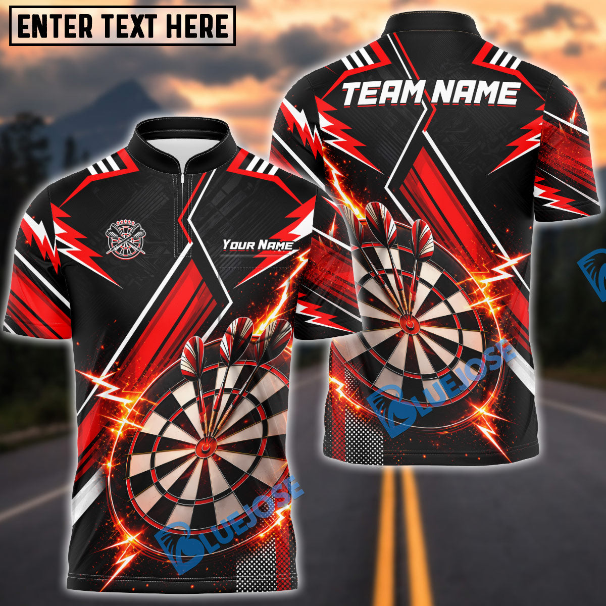 BlueJose Darts Thunder Sport Theme Personalized Name, Team Name Unisex Shirt (4 Colors)