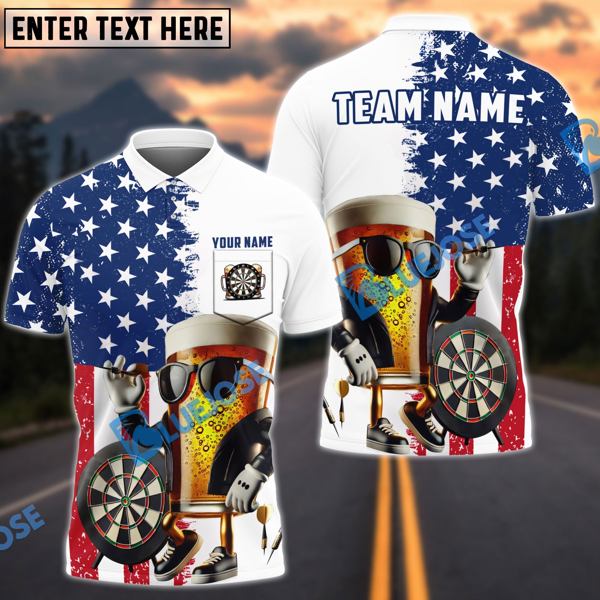 BlueJose Darts Funny Beer Us Flag Personalized Name, Team Name Shirt