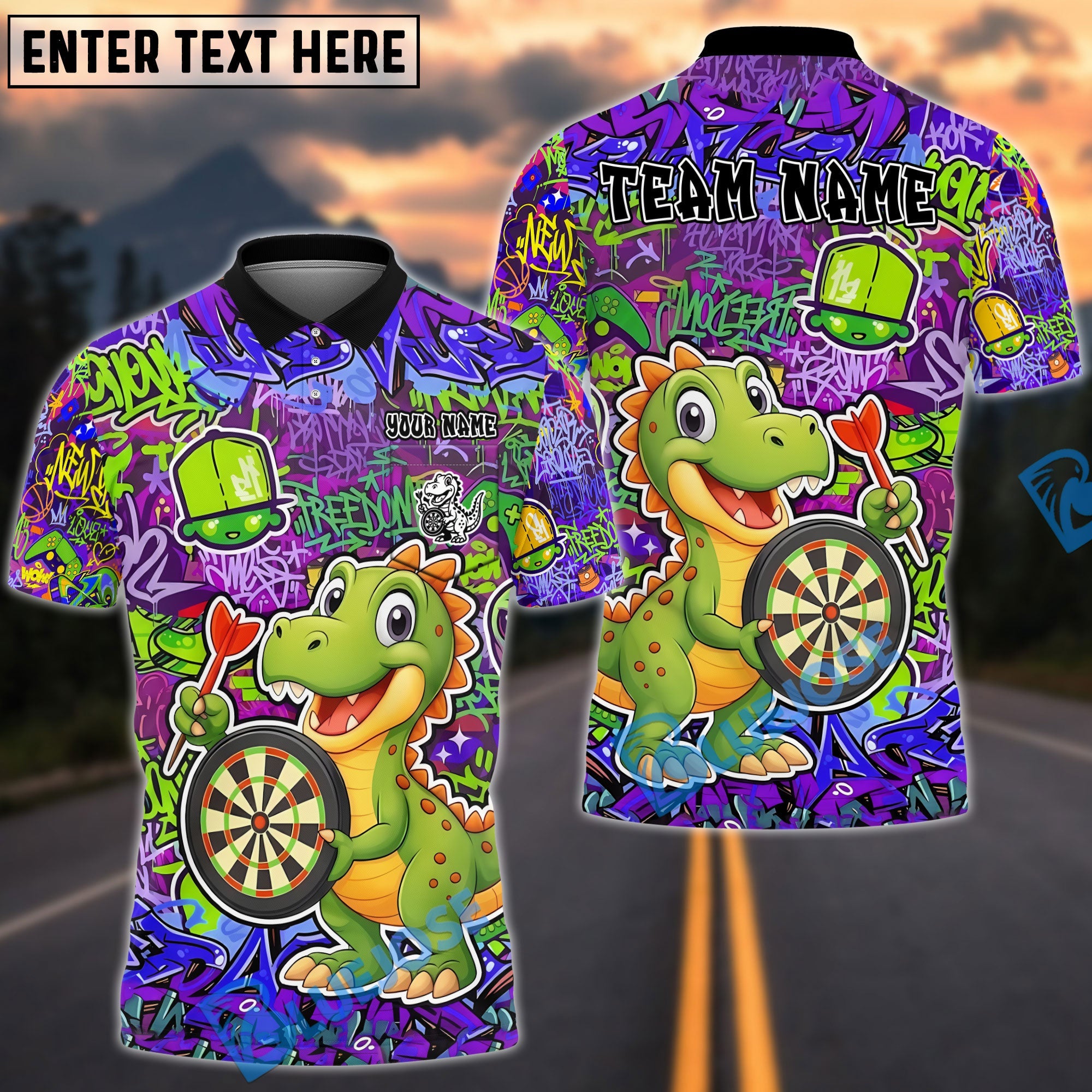 BlueJose Darts Graffiti Cute Dinosaur Dartboard Design Personalized Name, Team Name Unisex Shirt (4 Colors)