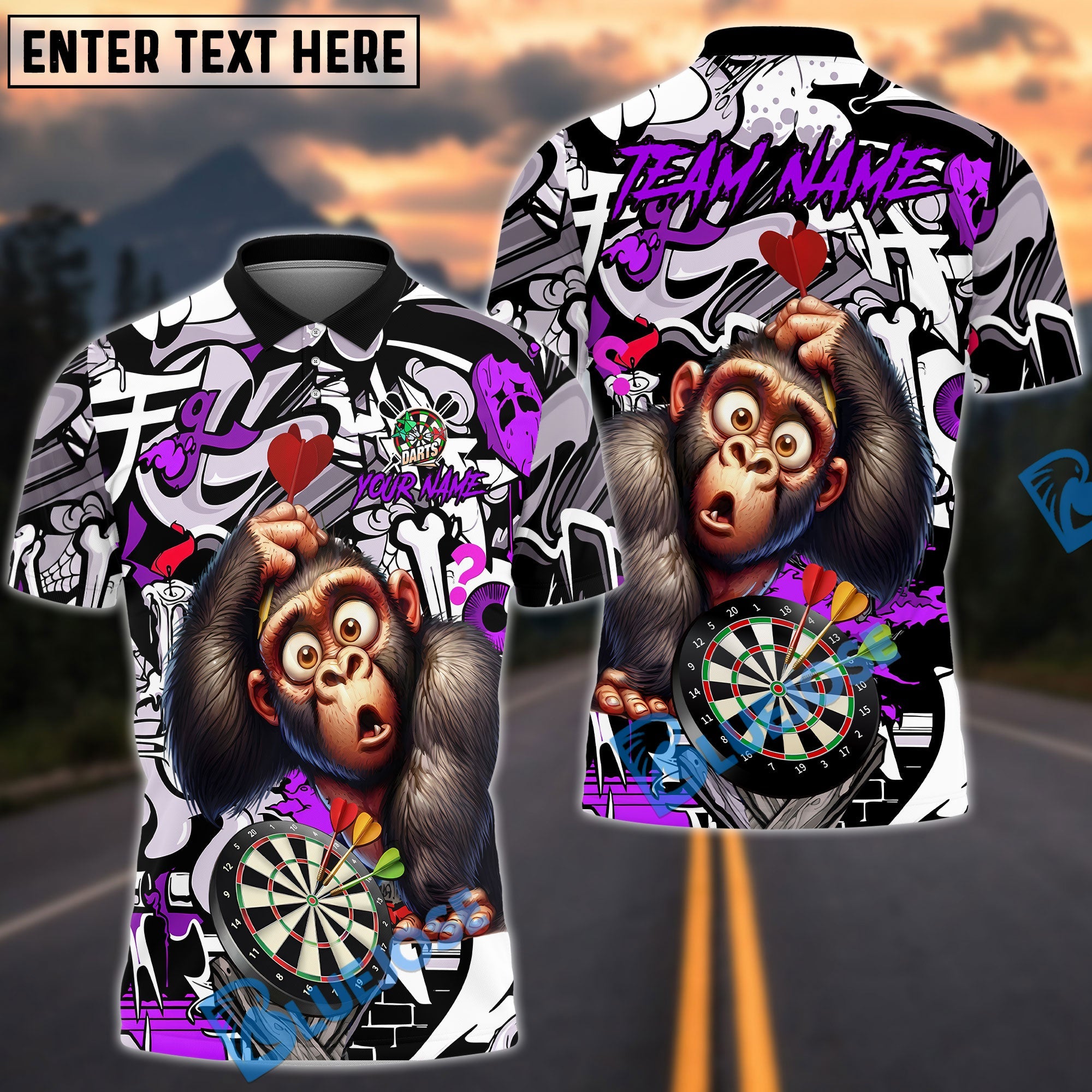 BlueJose Darts Monkey Graffiti Personalized Name, Team Name Unisex Shirt (4 Colors)
