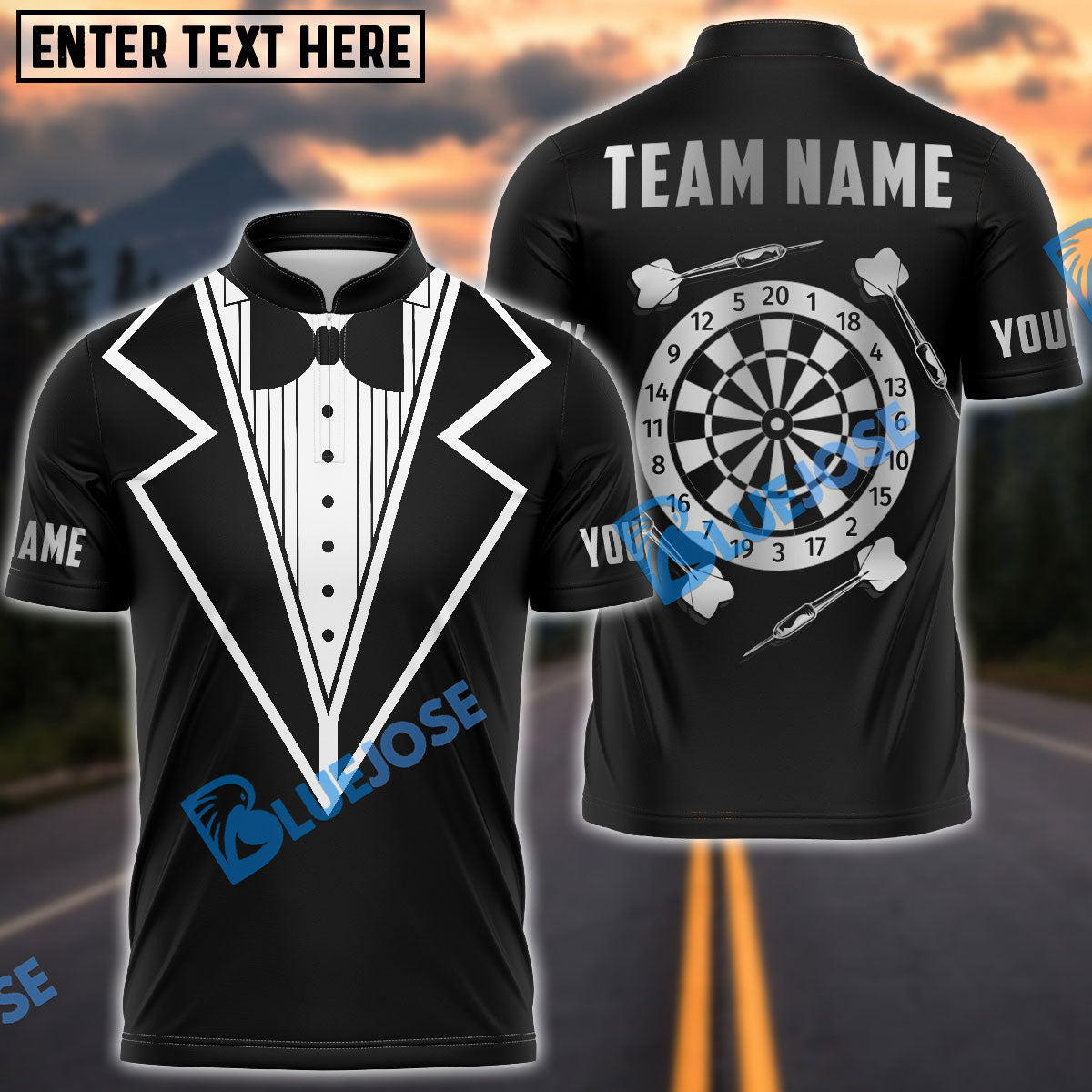 BlueJose Darts Tuxedo Triple Dartboard Black Personalized Name Shirt