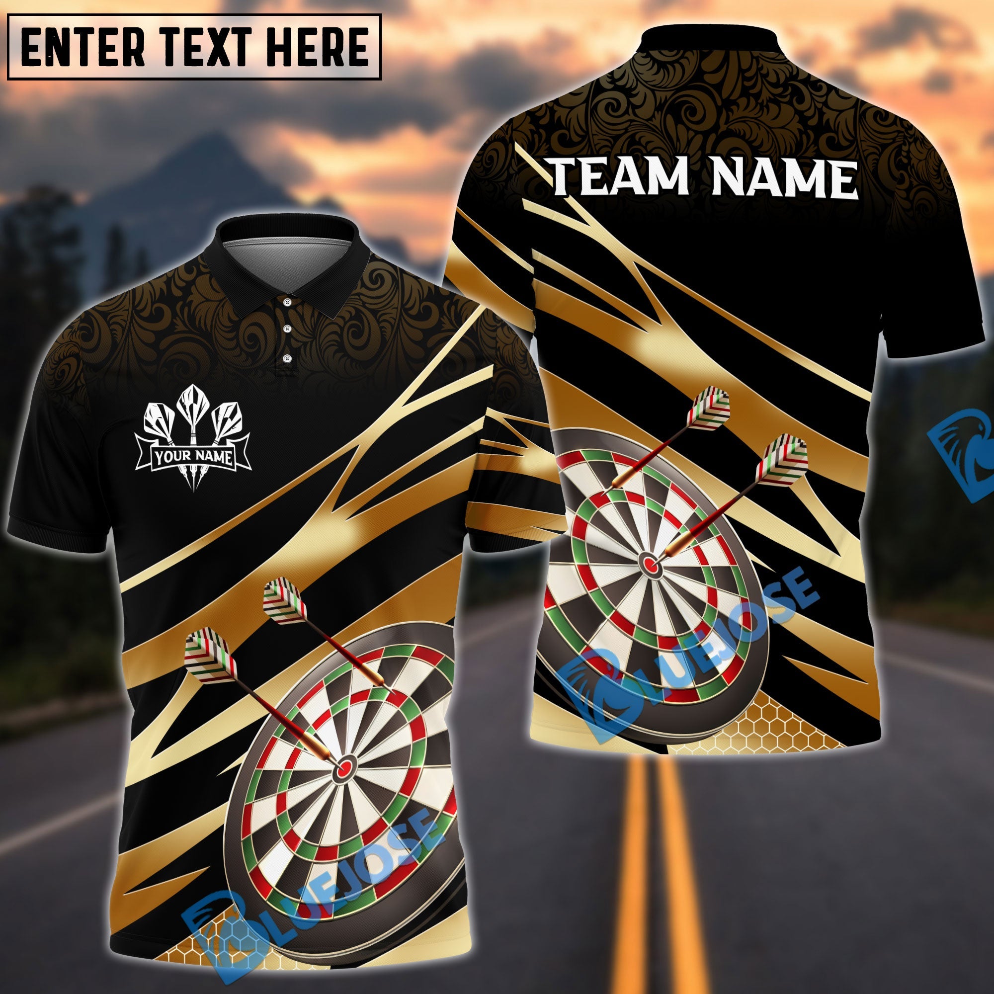 BlueJose Darts Target Gold Flash Personalized Name, Team Name Shirt (4 Colors)