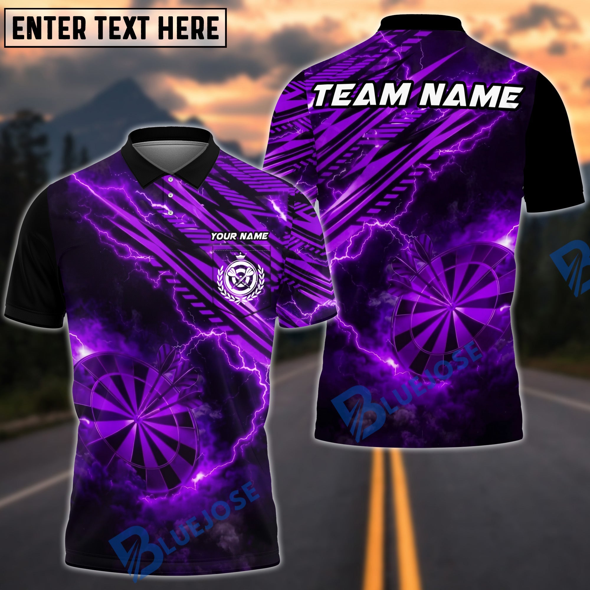 BlueJose Darts Dartboard Lightning Storm Personalized Name, Team Name Unisex Shirt (4 Colors)