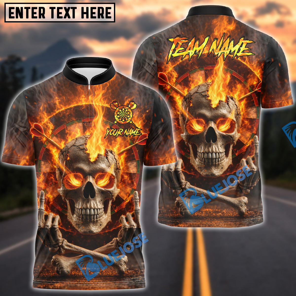 BlueJose Darts Flaming Hell Skull Skeleton Middle Finger Personalized Name, Team Name Unisex Shirt (4 Colors)