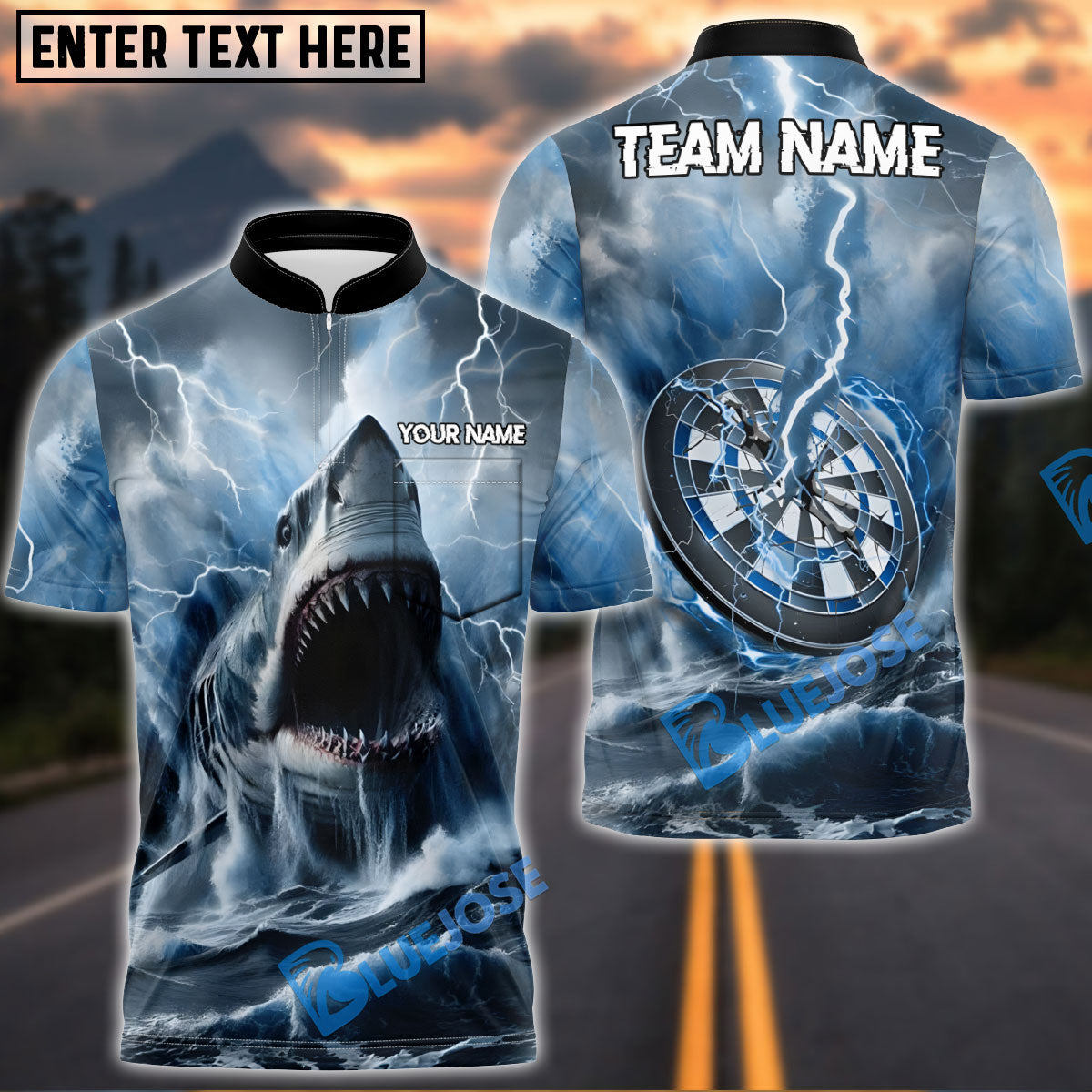 BlueJose Darts Shark and Lightning Customized Name, Team Name 3D Shirt (4 Colors)