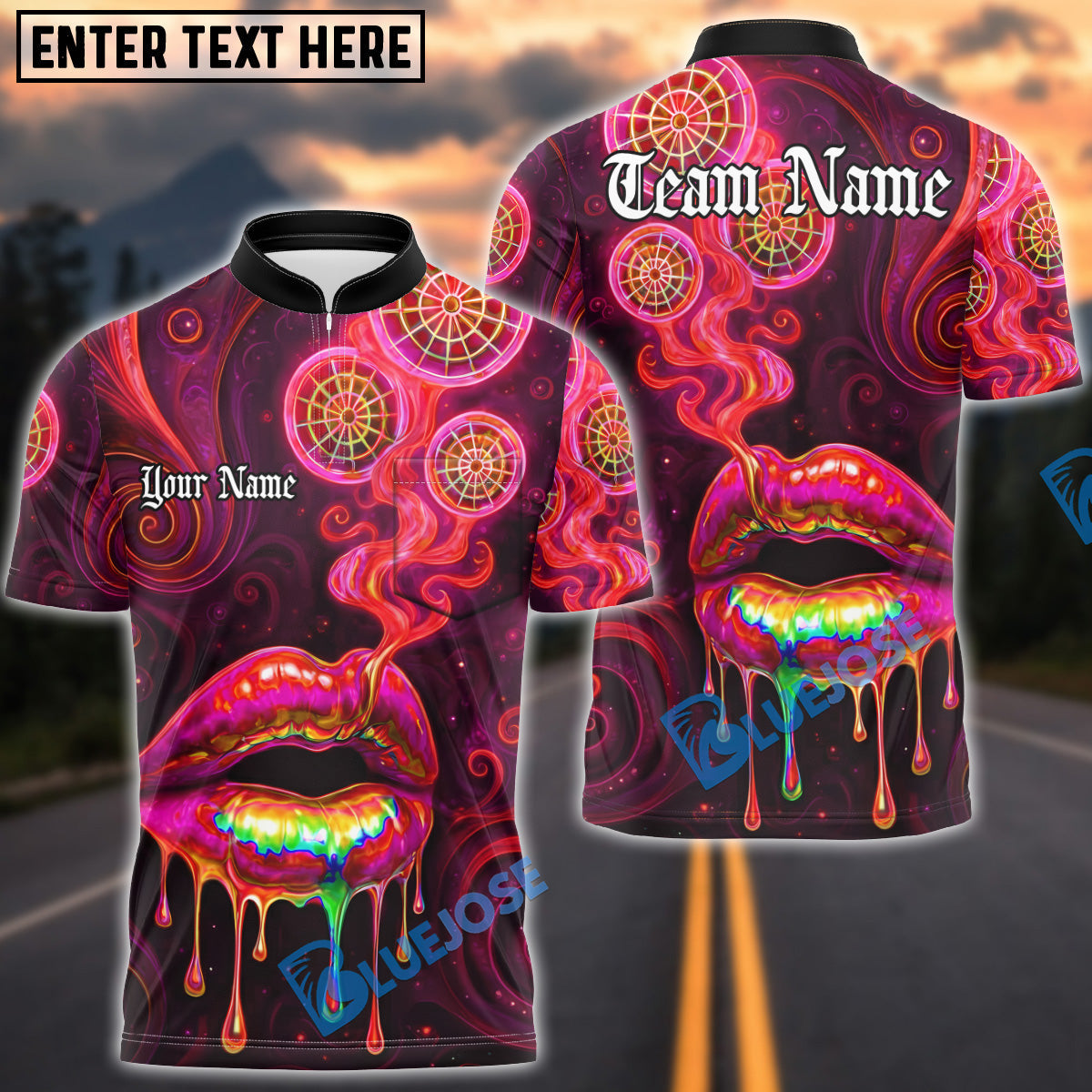 BlueJose Darts Neon Lips Smoke Psychedelic Personalized Name, Team Name Unisex Shirt (4 Colors)