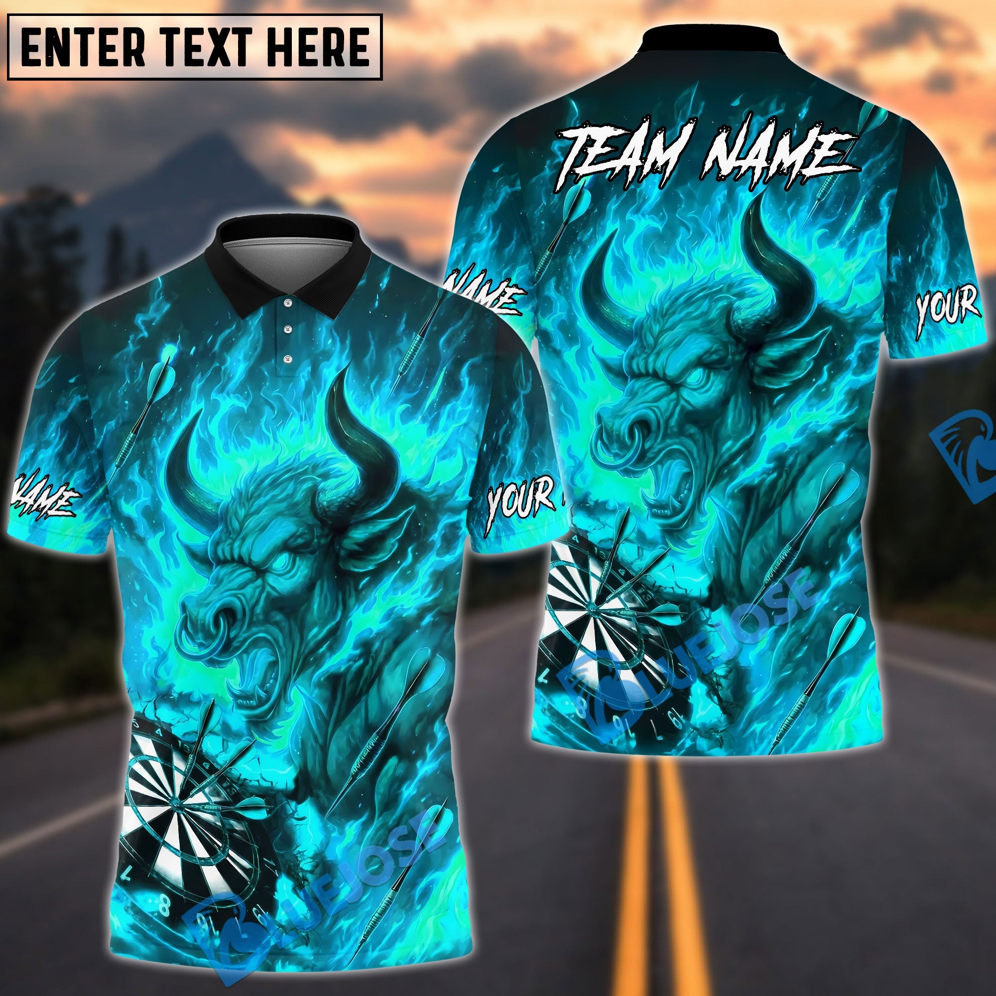 BlueJose Darts Bull Fire Flames Personalized Name, Team Name Unisex Shirt (4 Colors)