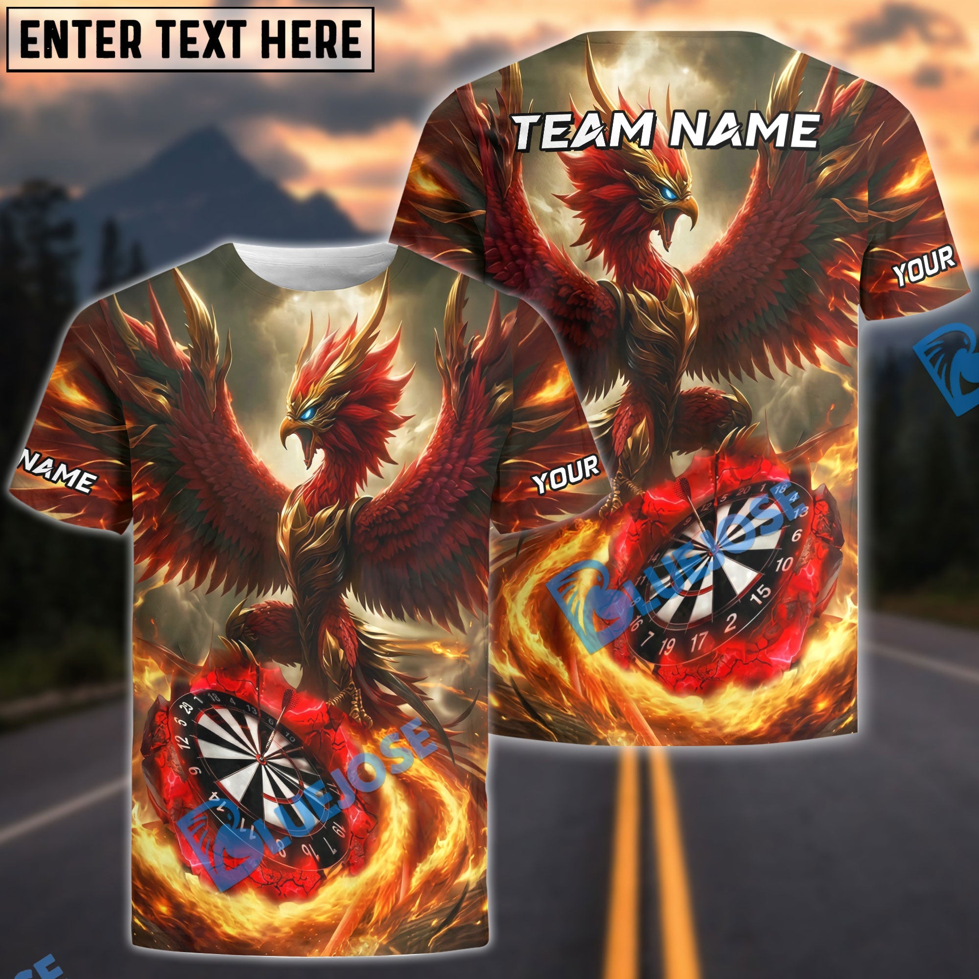 BlueJose Darts Phoenix Fire Bird Theme Customized Name, Team Name 3D Shirt (4 Colors)