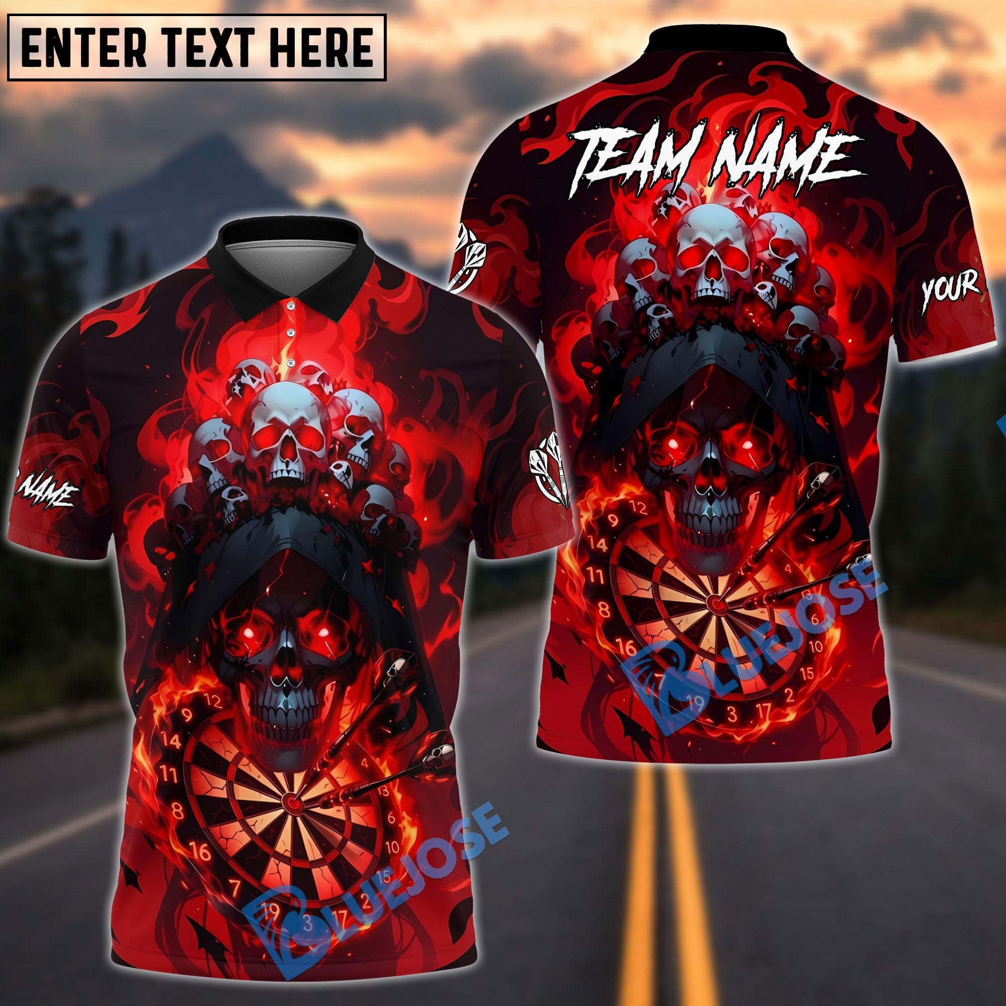 BlueJose Darts Burning Skull Gothic Fire Elements Personalized Name, Team Name Unisex Shirt (4 Colors)