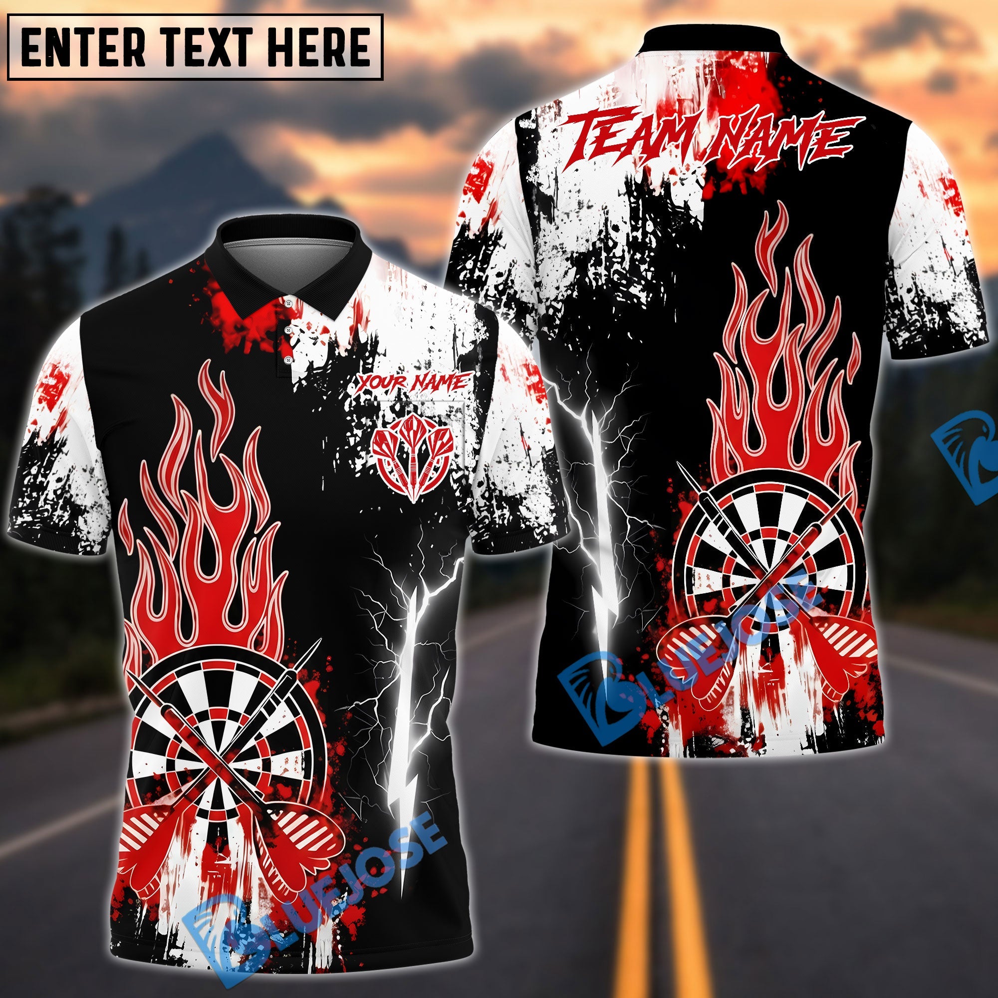 BlueJose Darts Abstract Flame Multicolor Options Personalized Name Shirt (4 Colors)