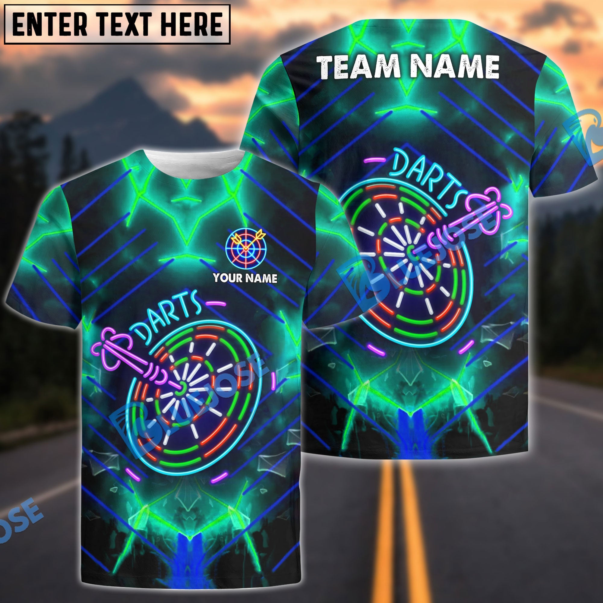 BlueJose Darts Neon Glow Personalized Name, Team Name Shirt (4 Colors)