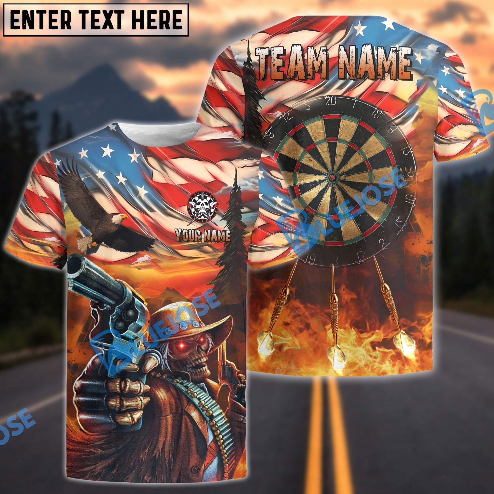 BlueJose Darts American West Cowboy Skull Personalized Name Shirt
