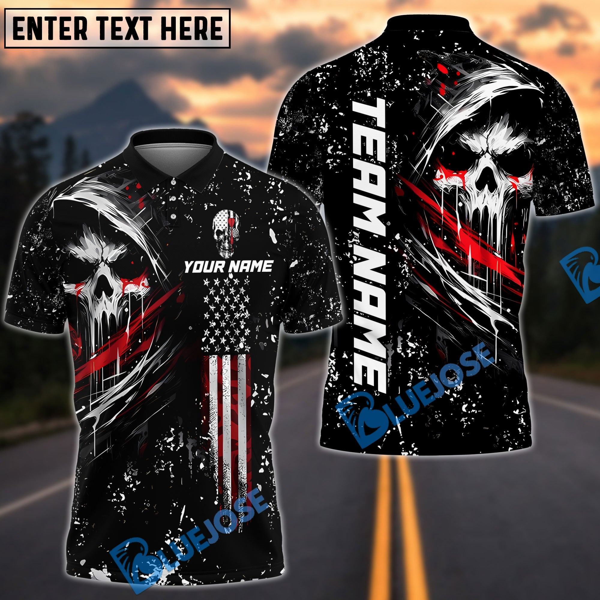 BlueJose Darts Grim Skull with American Flag Personalized Name Shirt