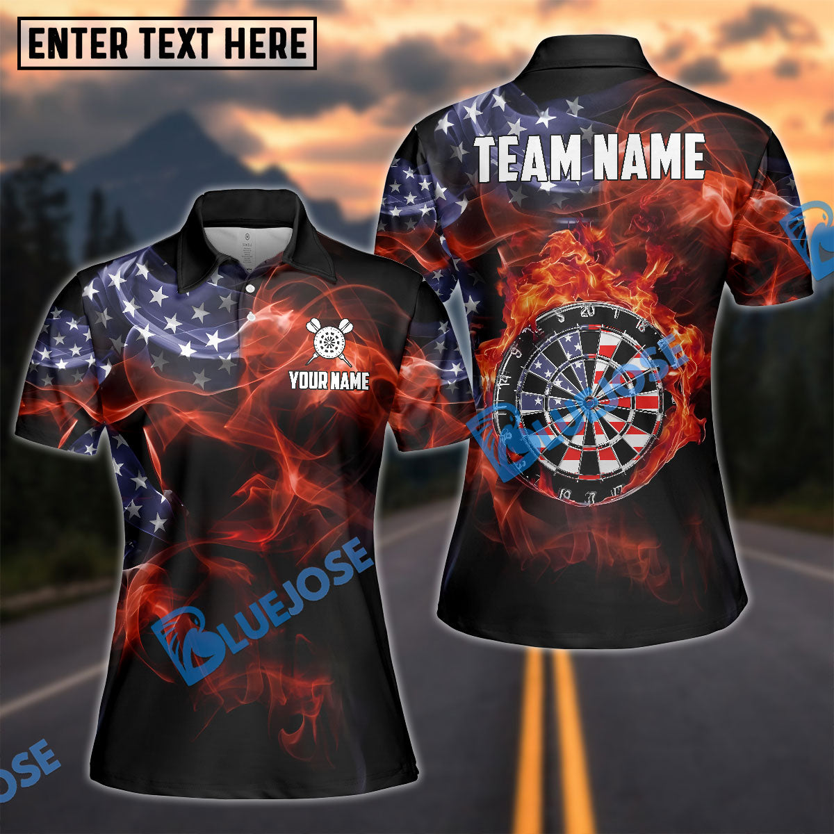 BlueJose Darts American Flag Fire Dartboard Personalized Name Shirt