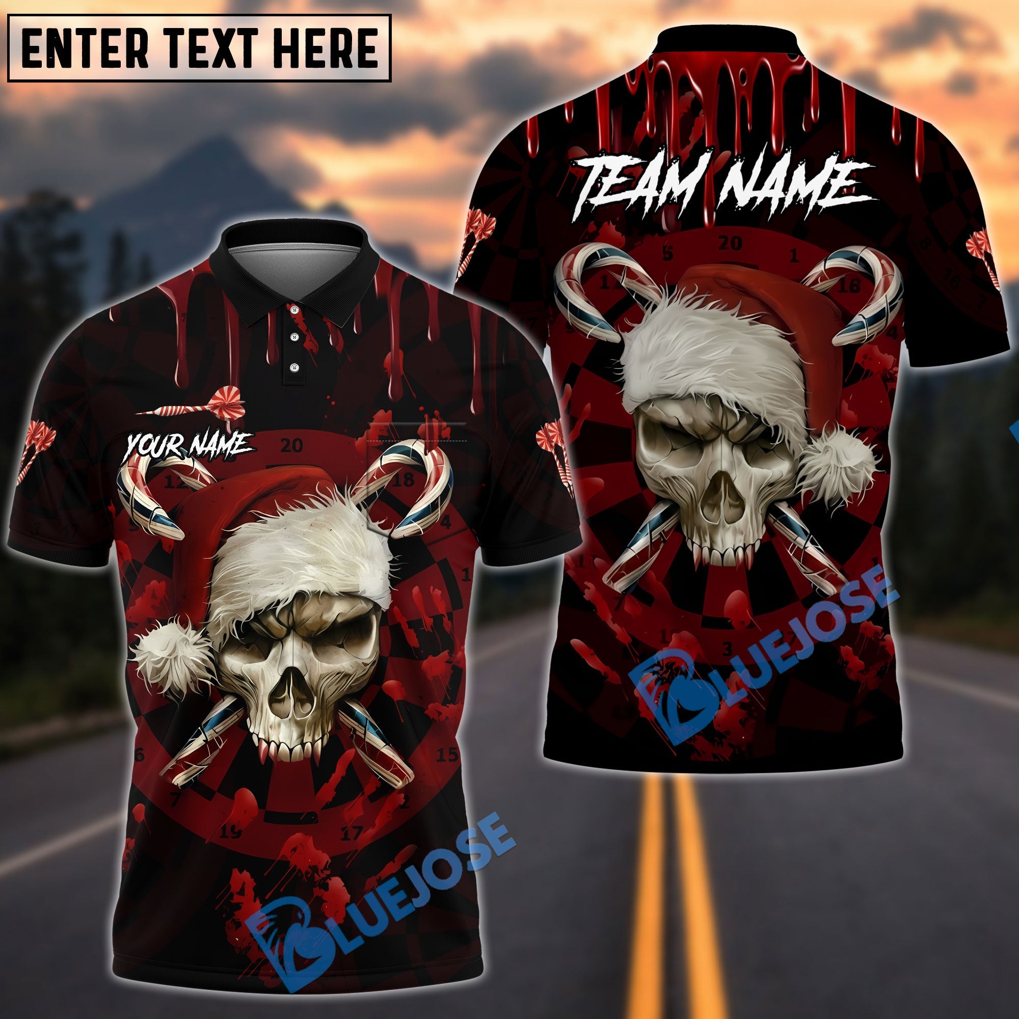 BlueJose Darts Skull Santa Personalized Name, Team Name Unisex Shirt (4 Colors)