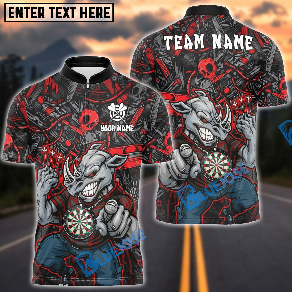 BlueJose Darts Rhino Angry Skull Design Customized Name, Team Name 3D Shirt (4 Colors)