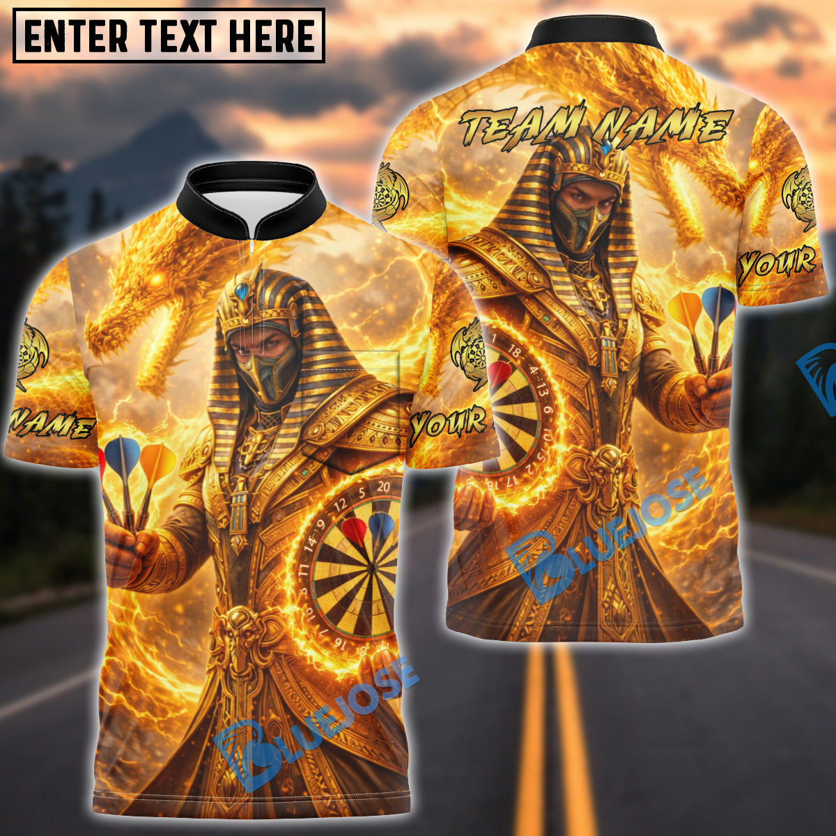BlueJose Darts Egyptian Warrior Fire Dragon Personalized Name, Team Name Unisex Shirt (4 Colors)