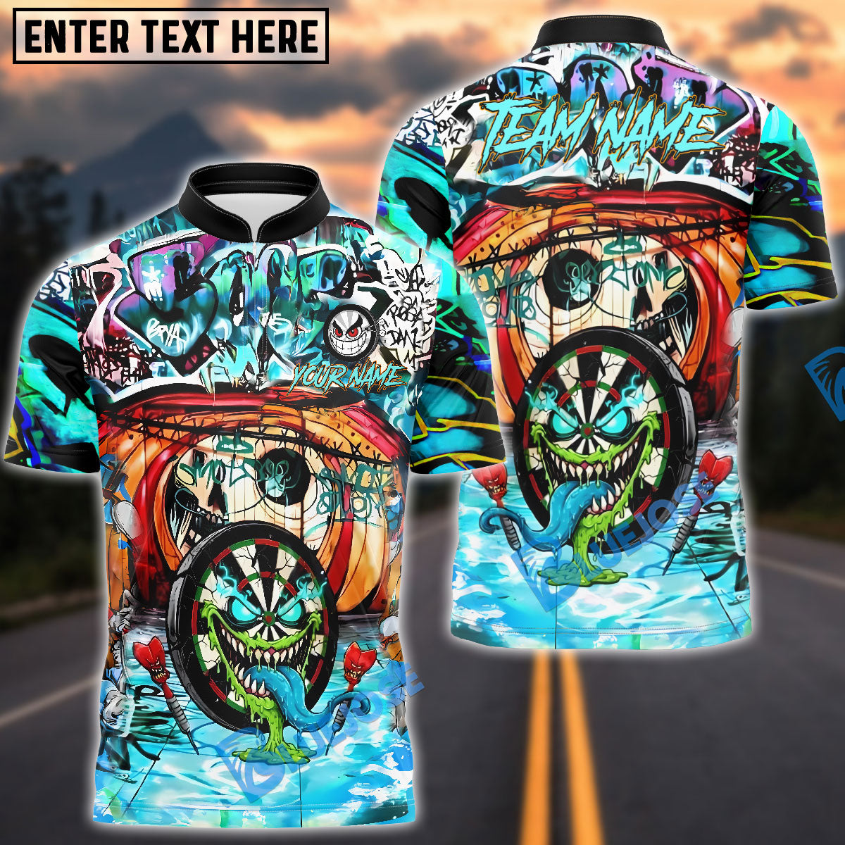 BlueJose Darts Graffiti Crazy Face Customized Name, Team Name 3D Shirt (4 Colors)