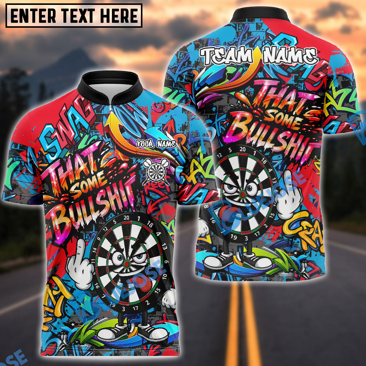 BlueJose Darts Funny Dartboard Cartoon Graffiti Style That's Some Bullshit Personalized Name, Team Name Unisex Shirt (4 Colors)