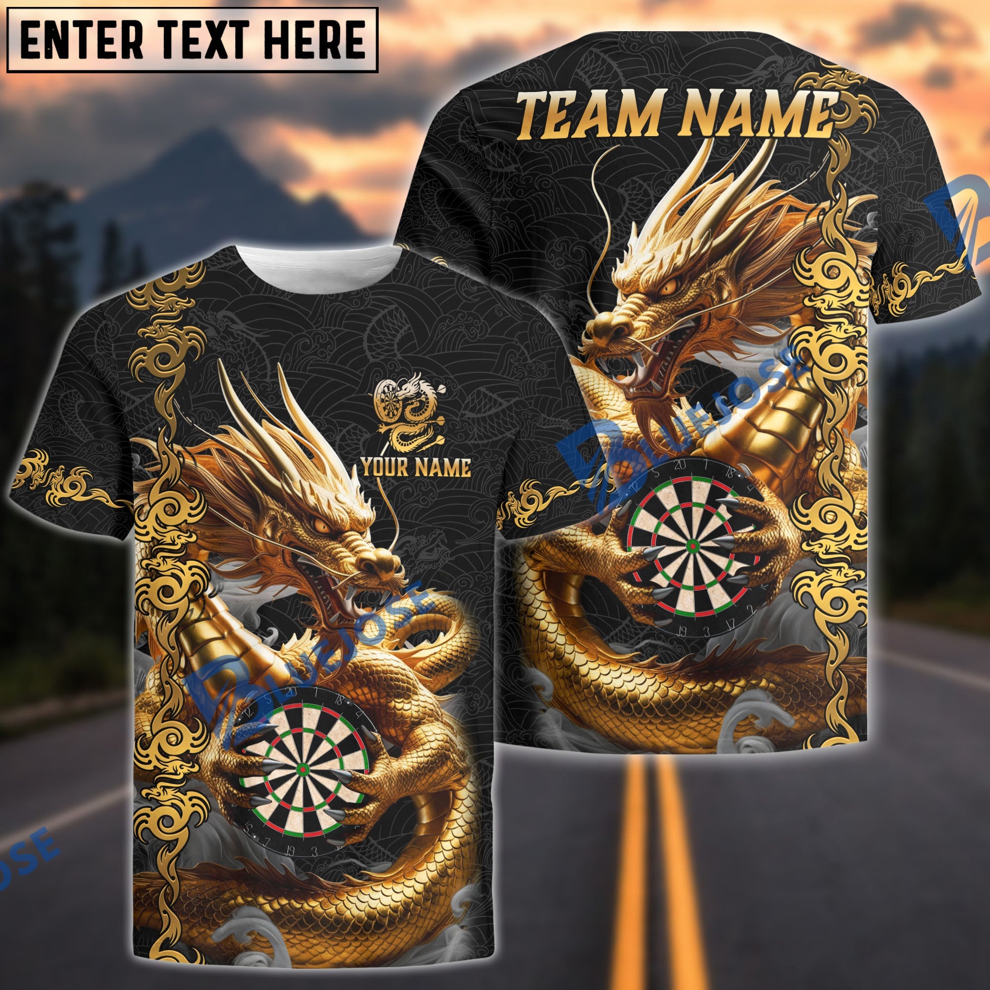 BlueJose Darts Dragon Golden Attire Personalized Name, Team Name Shirt (4 Colors)