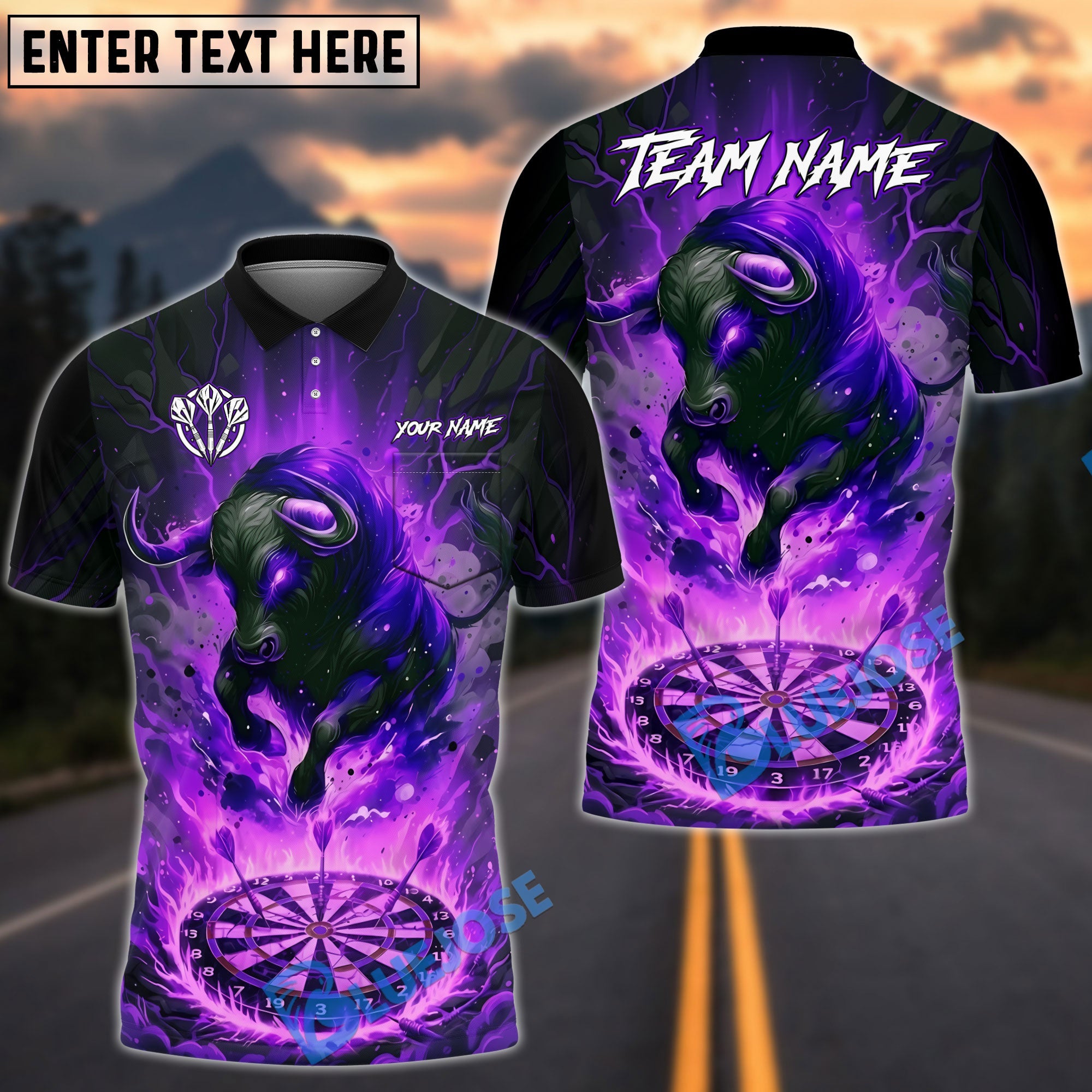BlueJose Darts Flaming Bull Dartboard Fire Theme Multicolor Options Personalized Name Shirt (4 Colors)