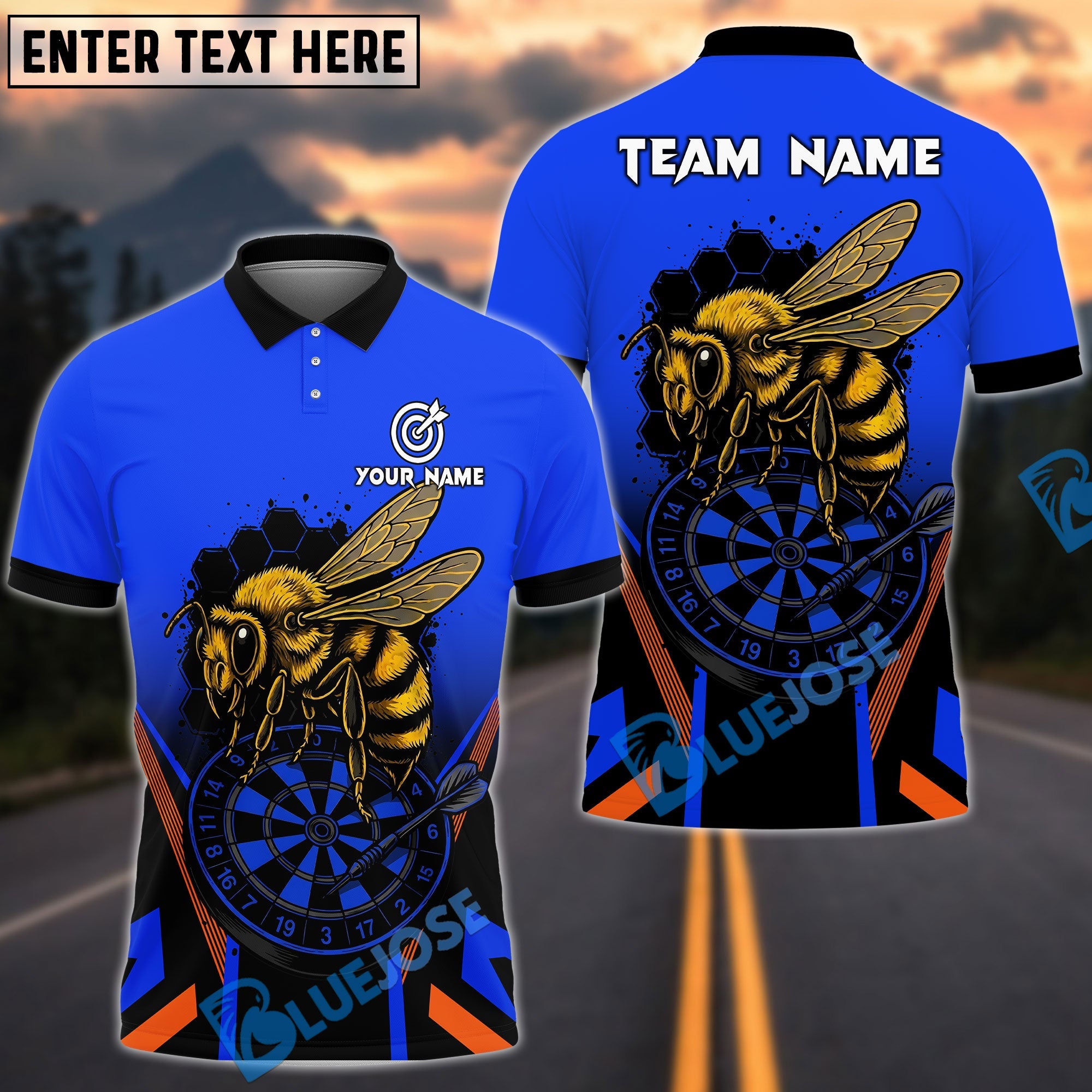 BlueJose Darts Bee Hunter Style Personalized Name, Team Name Shirt (4 Colors)