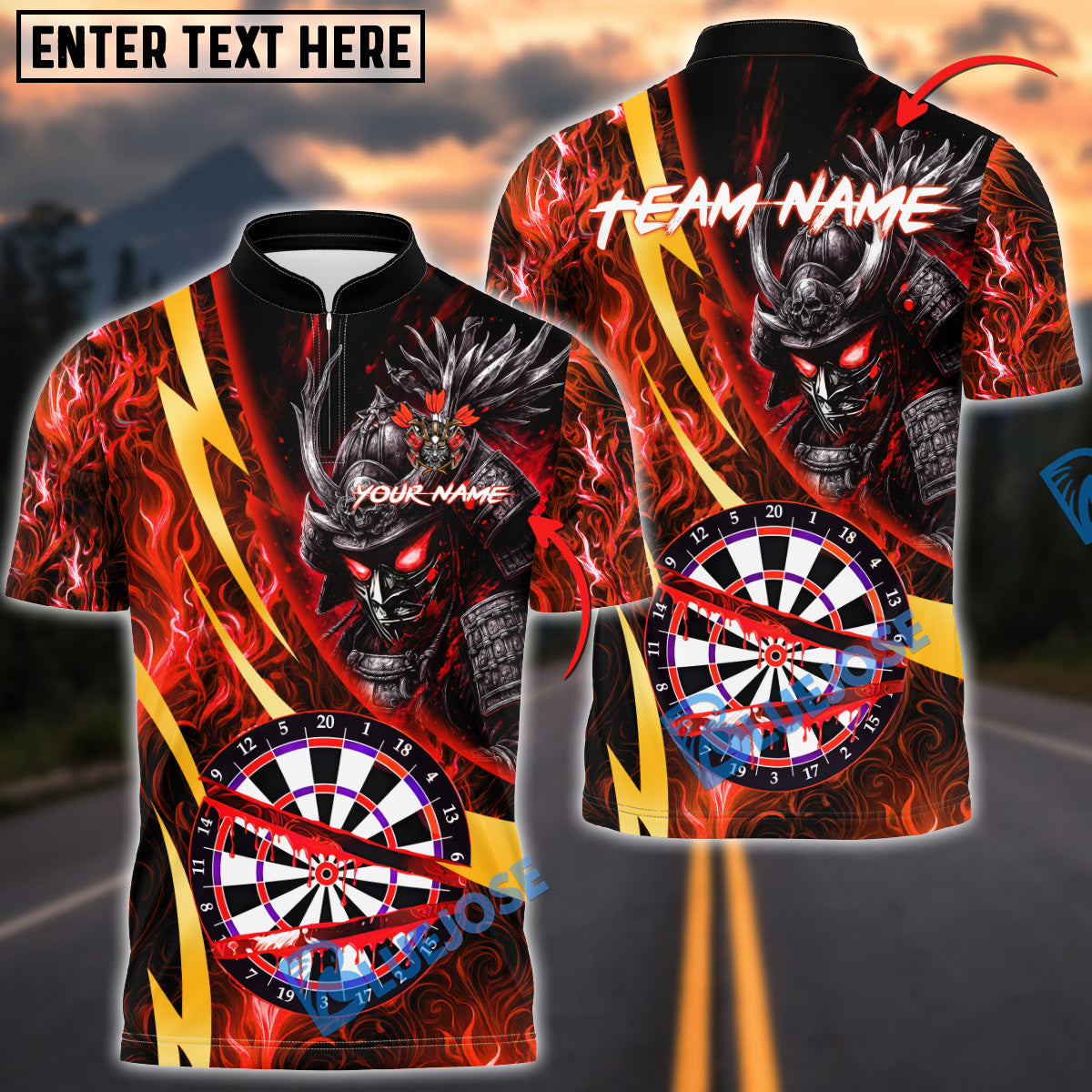 BlueJose Darts Samurai Line Gold Premium Fire Dartboard Customized Name, Team Name 3D Shirt (4 Colors)