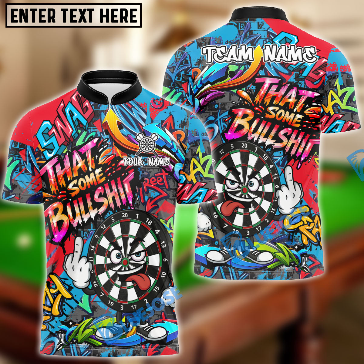 BlueJose Darts Funny Dartboard Cartoon Graffiti Style That's Some Bullshit Personalized Name, Team Name Unisex Shirt (4 Colors)