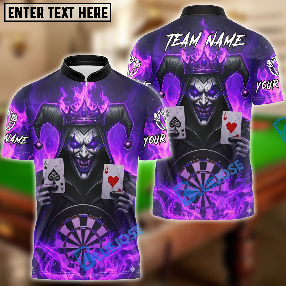 BlueJose Darts Evil Joker Fire Cards Customized Name, Team Name 3D Shirt (4 Colors)